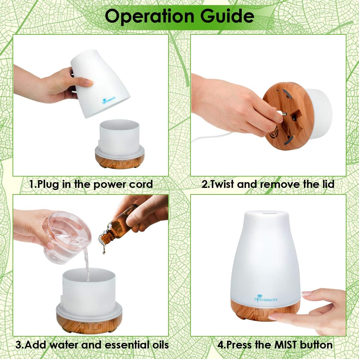 300ML Essential Oil Diffuser Remote Control Aromatherapy Diffuser Mist Humidifiers with 7 Color LED Lights and Waterless Auto Shut-Off for Bedroom Office House Kitchen Yoga : Health & Household