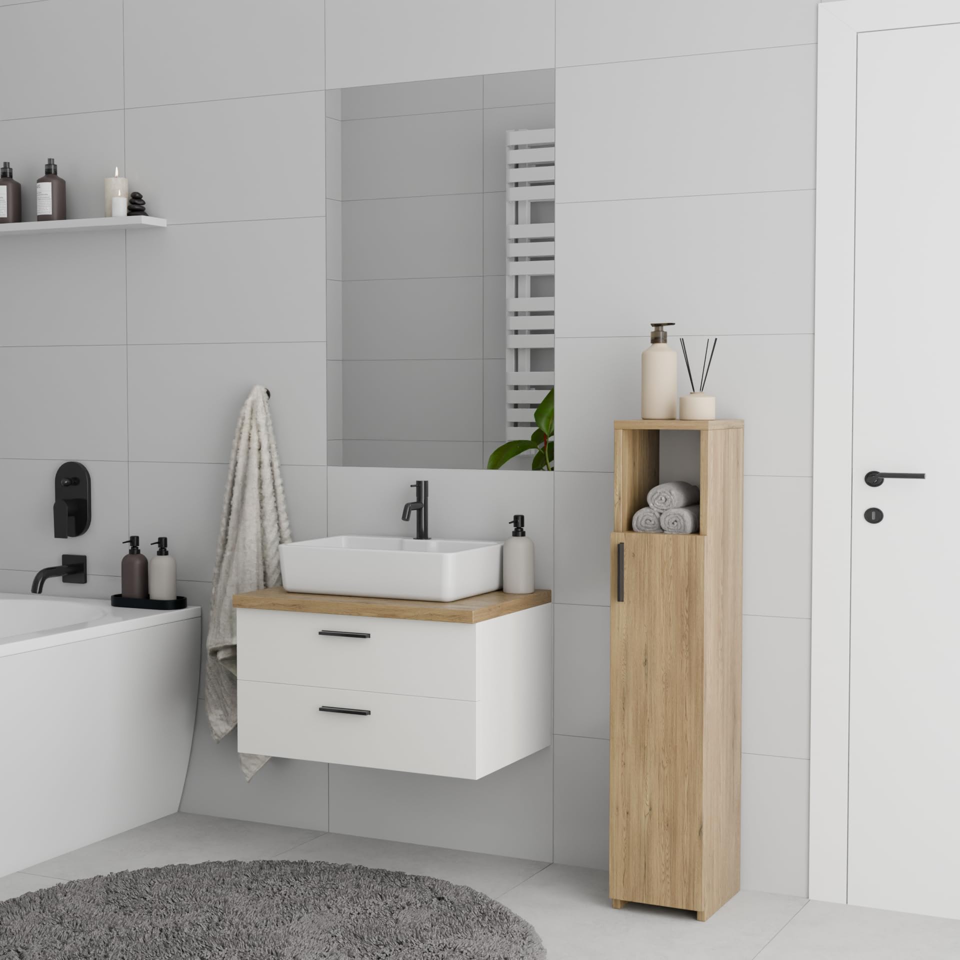 Meuble de Salle de Bain Étroit, Chêne | Armoire Haute WC, Colonne de Salle de Bain, Meuble Compact pour Petites Toilettes