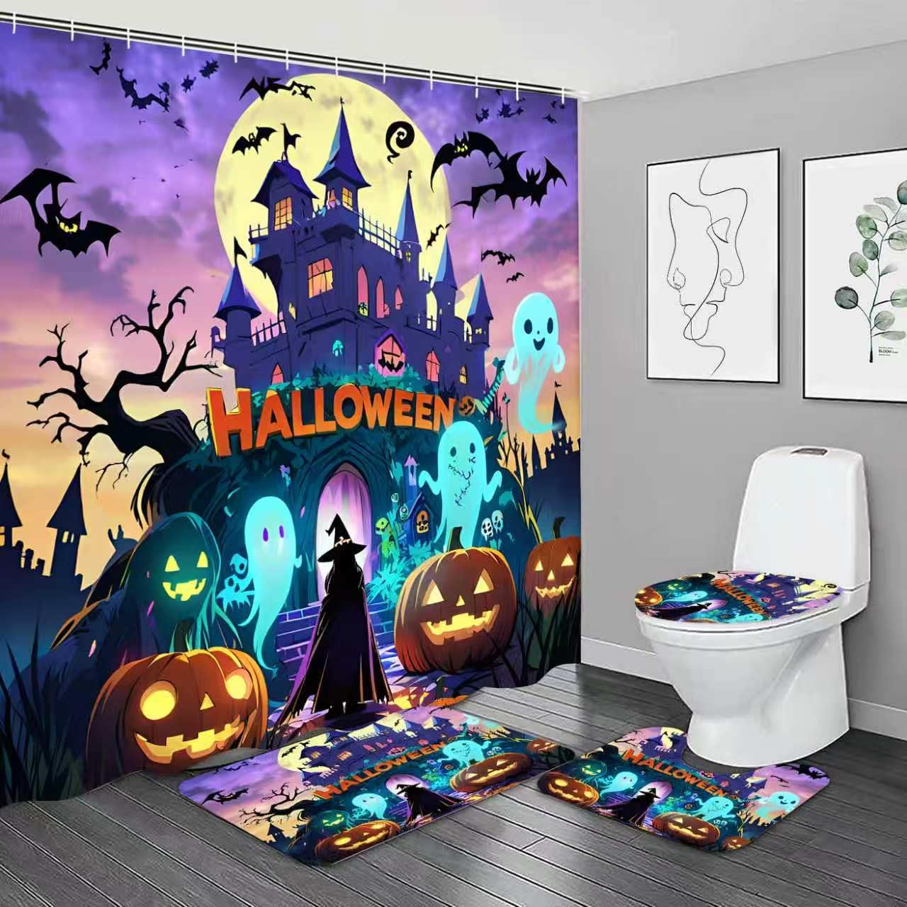 NBVKO Halloween Purple Castle Pumpkin Waterproof Shower Curtain,with Non-Slip Rugs,Toilet Lid Cover and Bath Mat,Bathroom Decor Accessory Set
