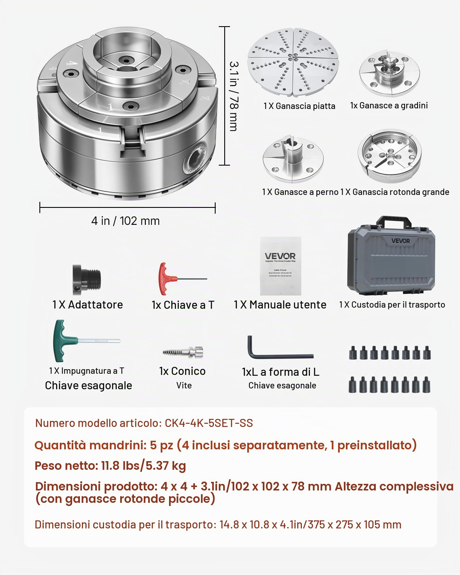VEVOR Mandrino per Tornio per Legno, Mandrino Autocentrante a 4 Griffe da 102 mm per Tornitura del Legno con Adattatore da 1 pollice x 8 TPI, 5 Griffe, Valigetta per Trasporto, Set di Mandrini