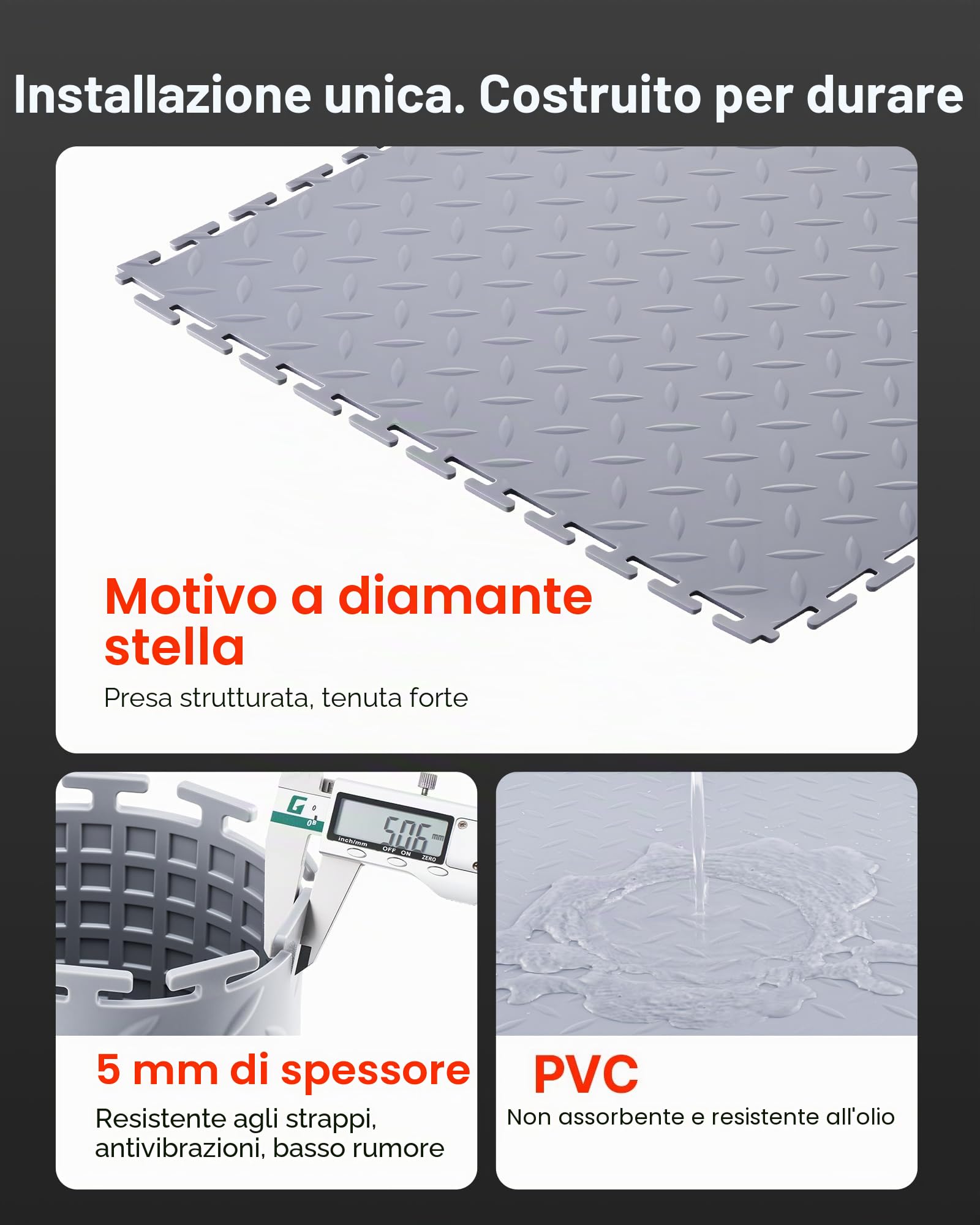 VEVOR Piastrelle per Pavimenti da Garage Confezione da 16, Piastrelle Modulari a Incastro da 513 x 513 x 5 mm, Tappetini Antiscivolo in PVC con Piastra Diamantata per Officina, Magazzino, Argento