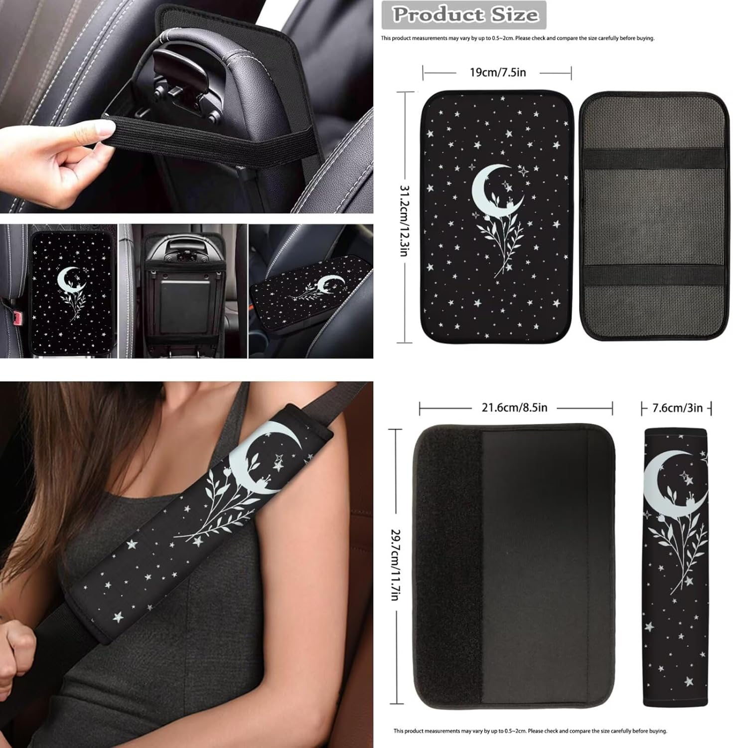 Ystardream Starr Moon Car Seat Covers Full Set - 14 Pcs Automotive Accessories with Rubber Steering Wheel Cover, Auto Seat Belt Covers & Keychain, Glowing Star Design Universal Fit for Night Driving