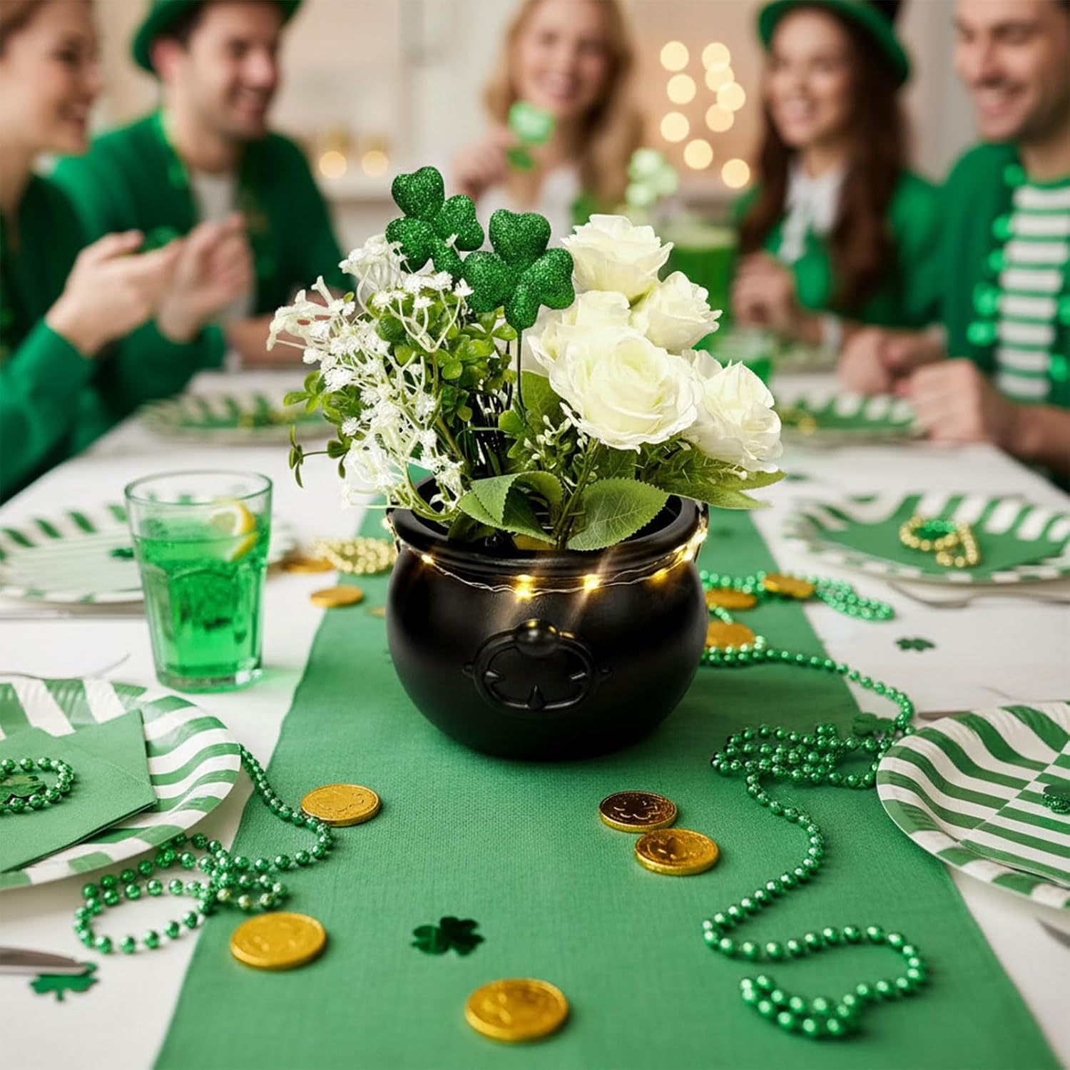 Cinrobiye St Patrick’s Day Pot of Gold Flower Arrangement Shamrock Artificial Rose Bouquet with Leprechaun Cauldron Vase LED Irish Table Centerpiece Decor for Party Home