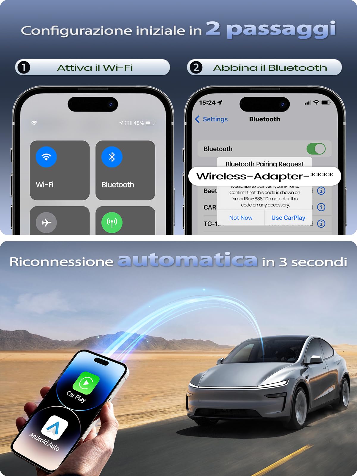 Mini Adattatore CarPlay Wireless per Apple CarPlay e Android Auto, Convertitore CarPlay Cablato, USB A/C in Metallo, per iPhone iOS 10+ e Android 10+, per Viaggi Lunghi e Uso Quotidiano, Blu