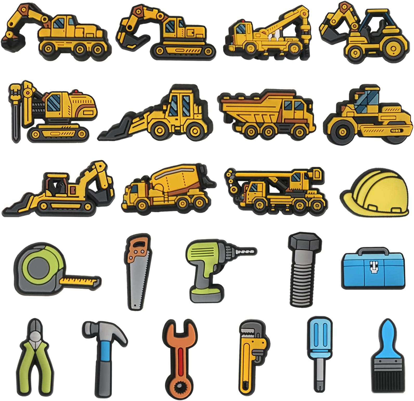 Construction Shoe Decoration Charms, 23 PCS Excavator Bulldozer Truck Helmet Shoe Charm for Shoe Wristband Clog Sandals Decor, PVC Shoe Charm Accessories for Party Favor Holiday Birthday Gifts