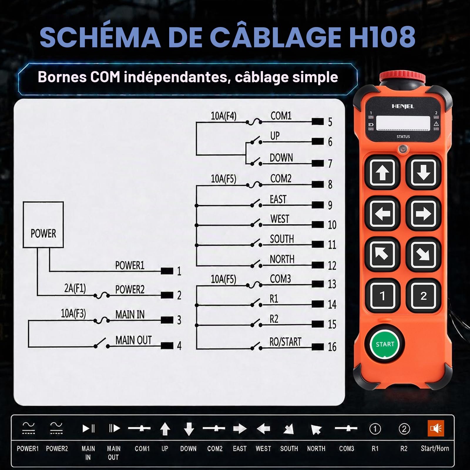 H108 Télécommande de Grue Sans Fil 12V 24V (12-65V) 8 Canaux