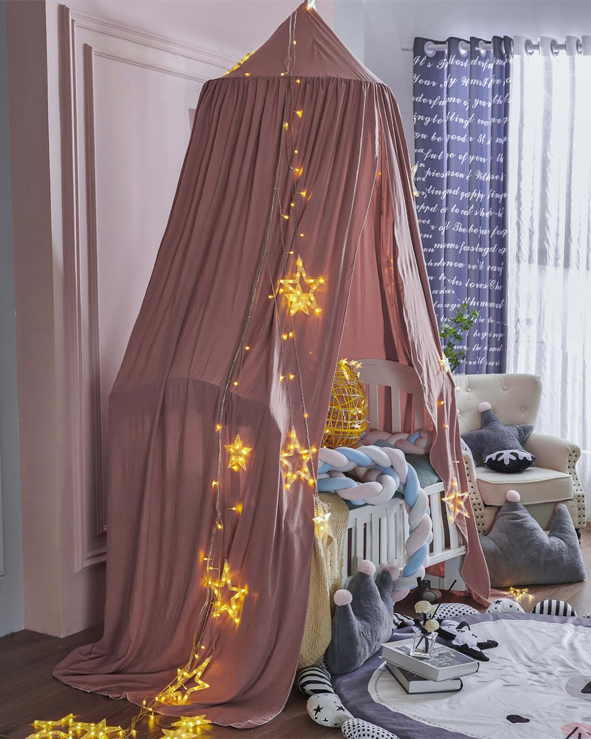 Surwin Moskitonetz Betthimmel Madchen Jungen Kinder Babybett, Rund Baldachin Mückennetz Einzelbett kinderzimmer Schlafzimmer Spiel für Reise Indoor Outdoor Dekoration - Dunkelpink