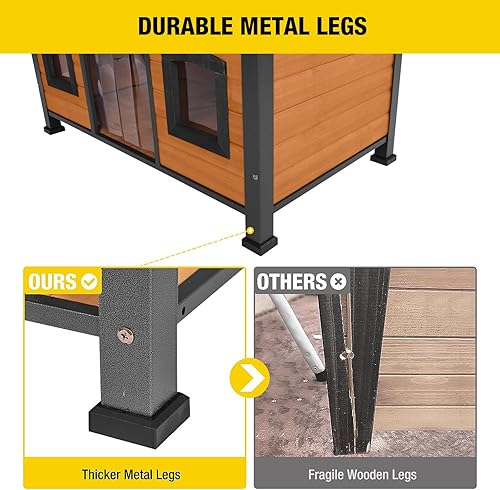 Miniatura 5 de Aivituvin Casa grande para perros con diseño de marco de metal antimasticación, perrera de madera aislada con techo de diseño único, casa de perro