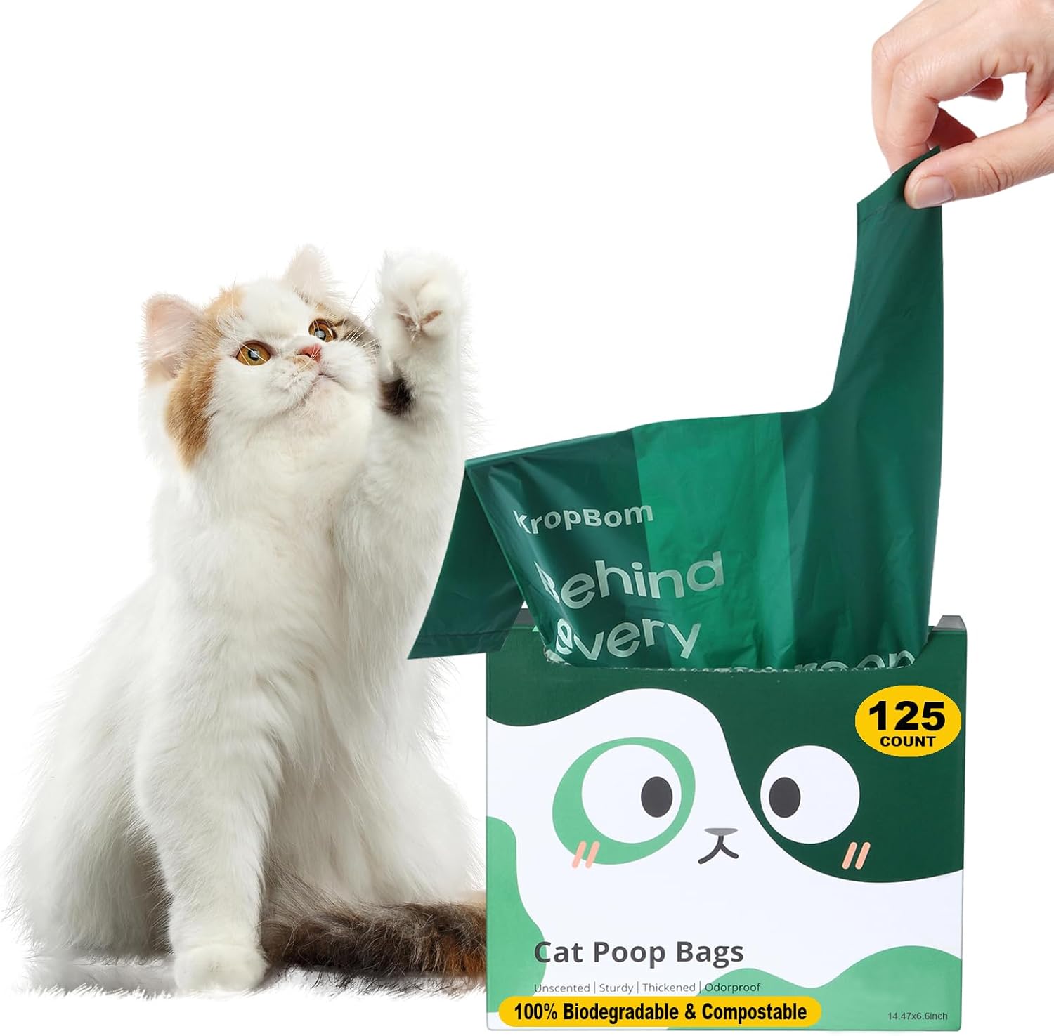 125 Count Cat Poop Bag Compostable for Kitty Dog Pet Waste, Cornstarch-Based Biodegradable Disposable Litter Trash Bag Extra-Thick Leak Proof with Handles Easy Tie Unscented