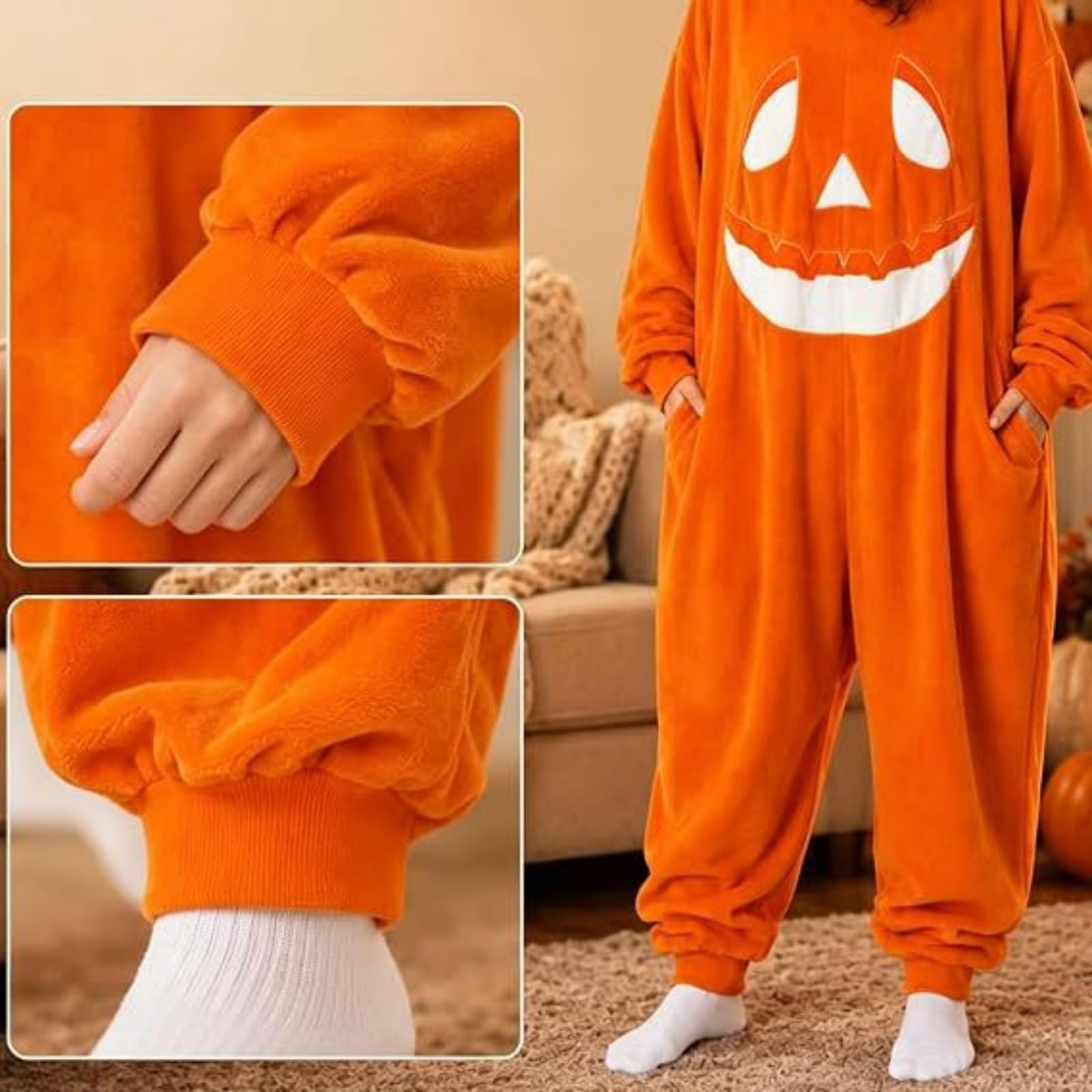 Pijama de Calabaza para Adultos Disfraz de Halloween | Disfraz de Mono con Capucha de Felpa, Regalo Festivo de Calabaza, Calabaza de Halloween, Mono de Una Pieza