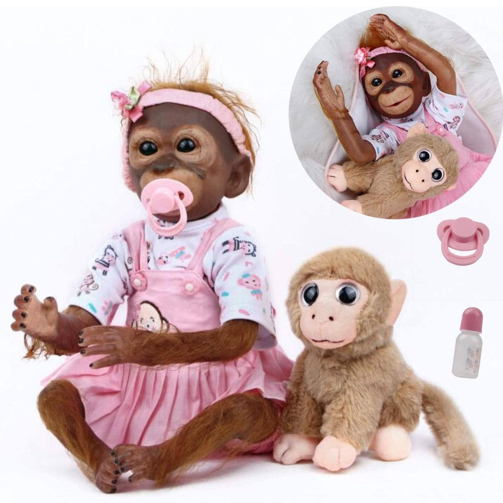 Anyee Lifelike Reborn Baby Dolls - 21 Inch Realistic Newborn Baby Dolls Girl Plush Monkey Doll with Baby Monkey, Pink Dress, Boys Girls Toys & Gifts