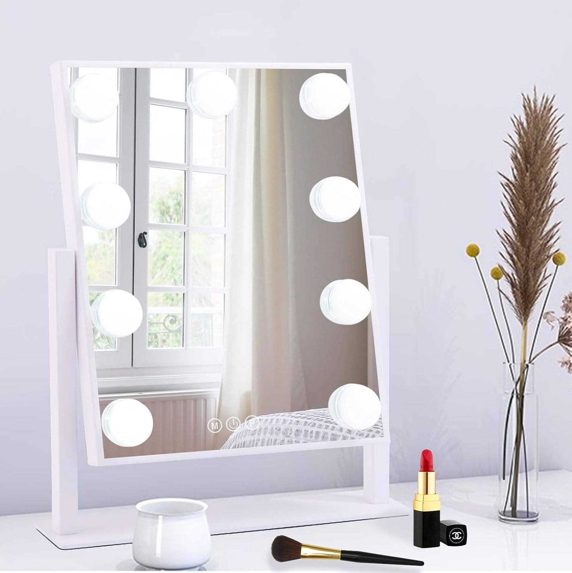 081 Store - Specchio Trucco con Luci, specchio grande illuminato con luce a 3 colori e 9 lampadine a LED dimmerabili, schermo touch intelligente e rotazione di 360 gradi