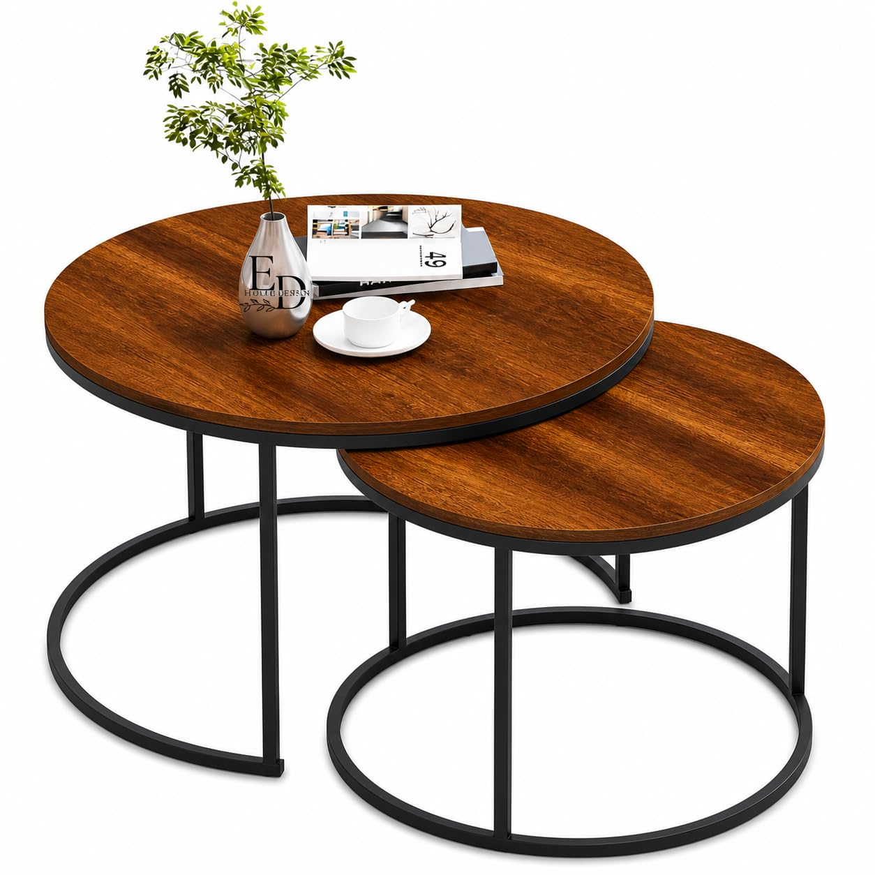 Tables basses gigognes rondes lot de 2 bois foncé salon