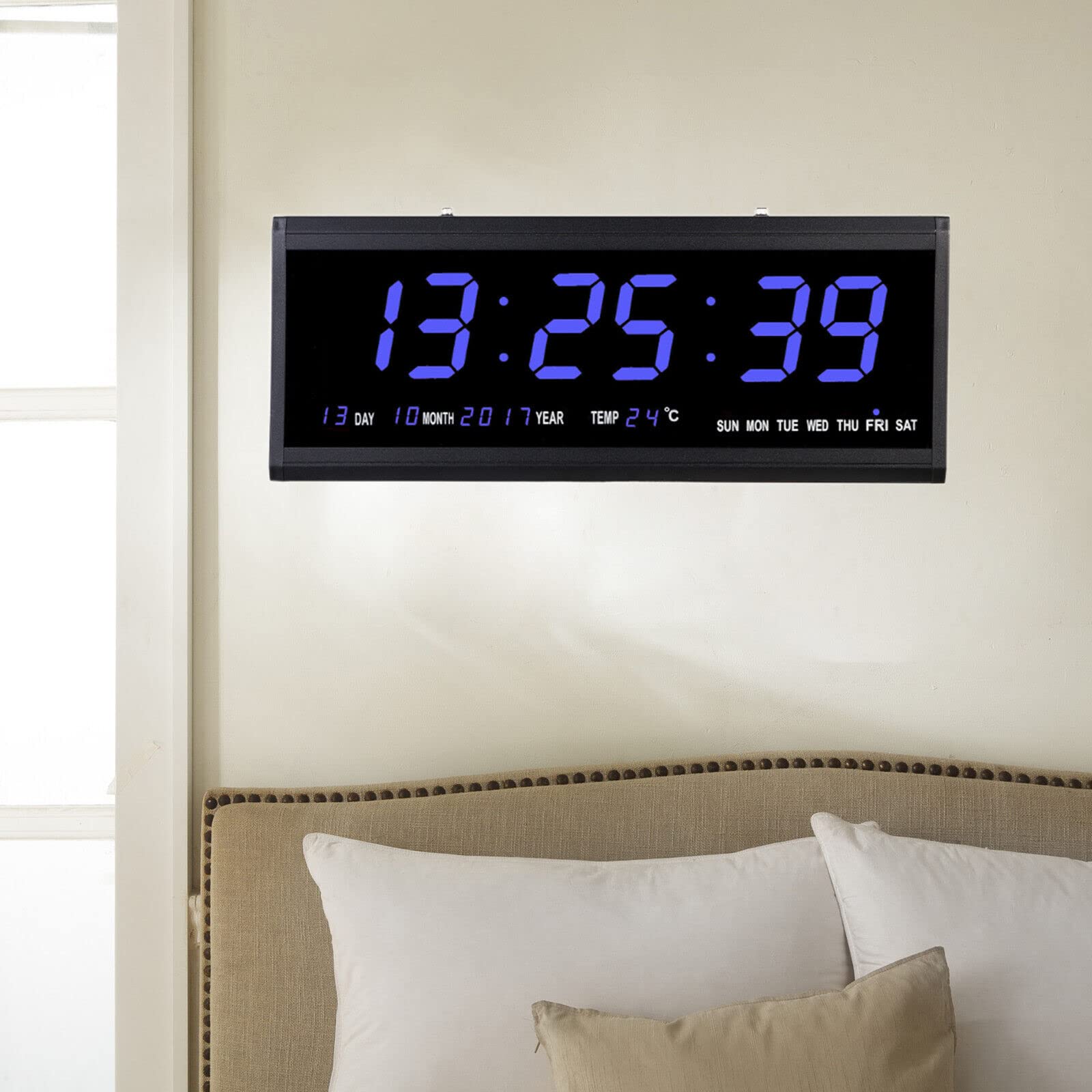 Reloj de pared digital LED para personas mayores, reloj de mesa, salón, oficina, con fecha y temperatura, 480 x 190 x 30 mm (letra azul)
