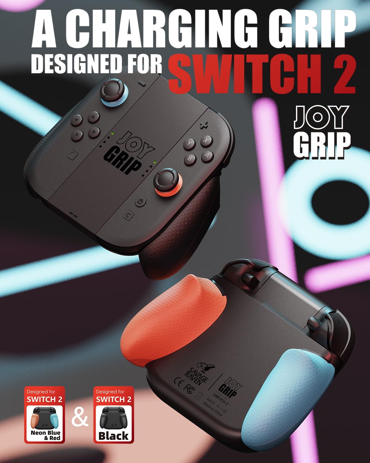 SAVAGE RAVEN by Skull & Co. JoyGrip for Nintendo Switch 2 Joy-Con Controller: Rechargeable Handheld Joystick Remote Control Holder with Interchangeable Grips - Black