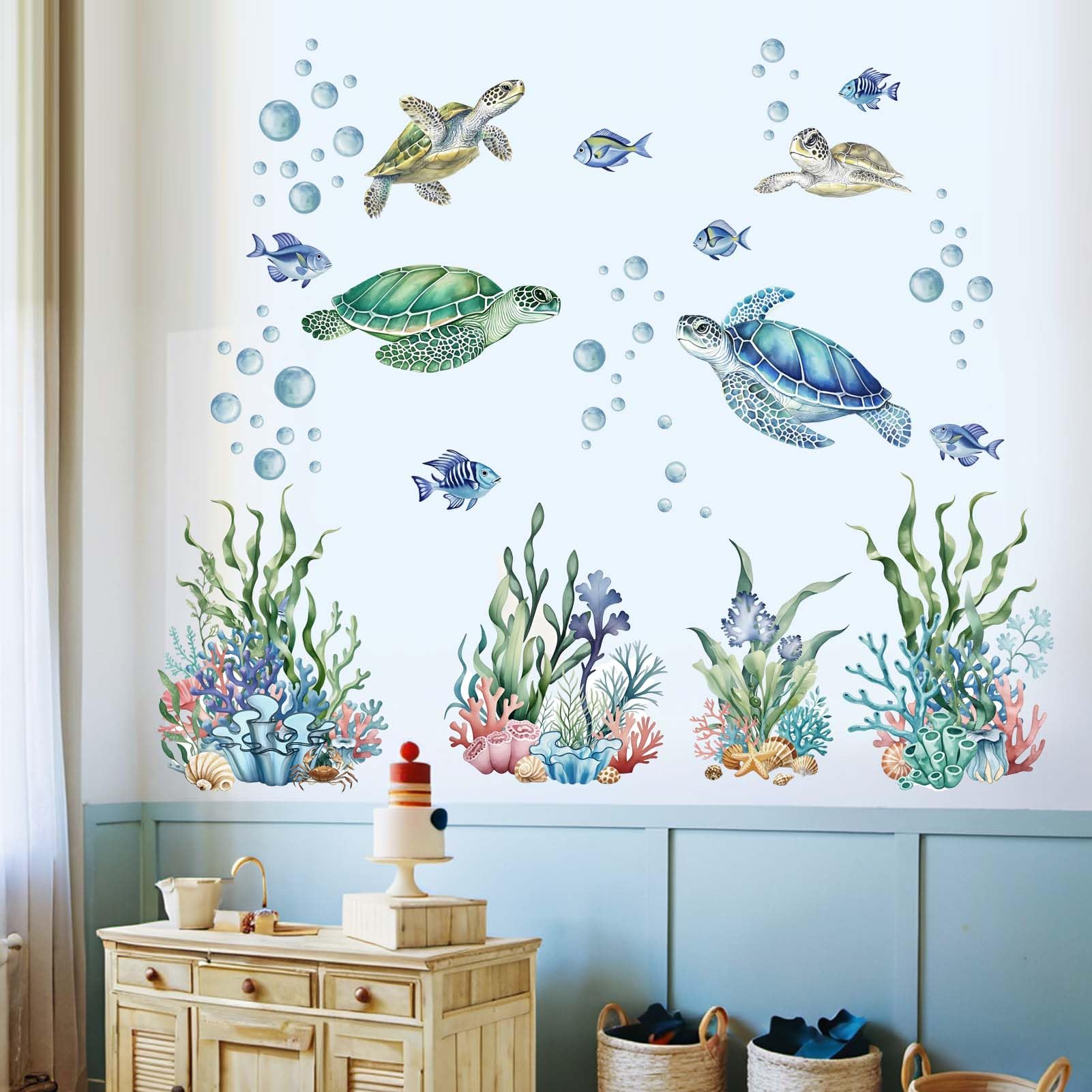 Sea Turtle Wall Decals for Kids: Peel and Stick Under The Sea Marine Fish Ocean Wall Stickers for Baby Nursery Bedroom Toddler Room - Image 2