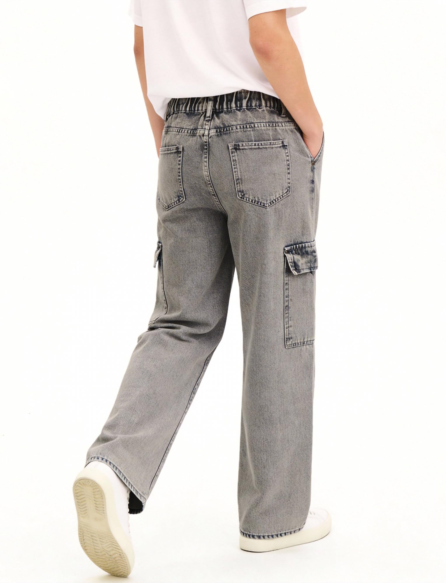 Jeans cargo da ragazzo con elastico in vita jeans larghi gamba dritta cerniera Fly Denim Pantaloni con tasche 13-16Y