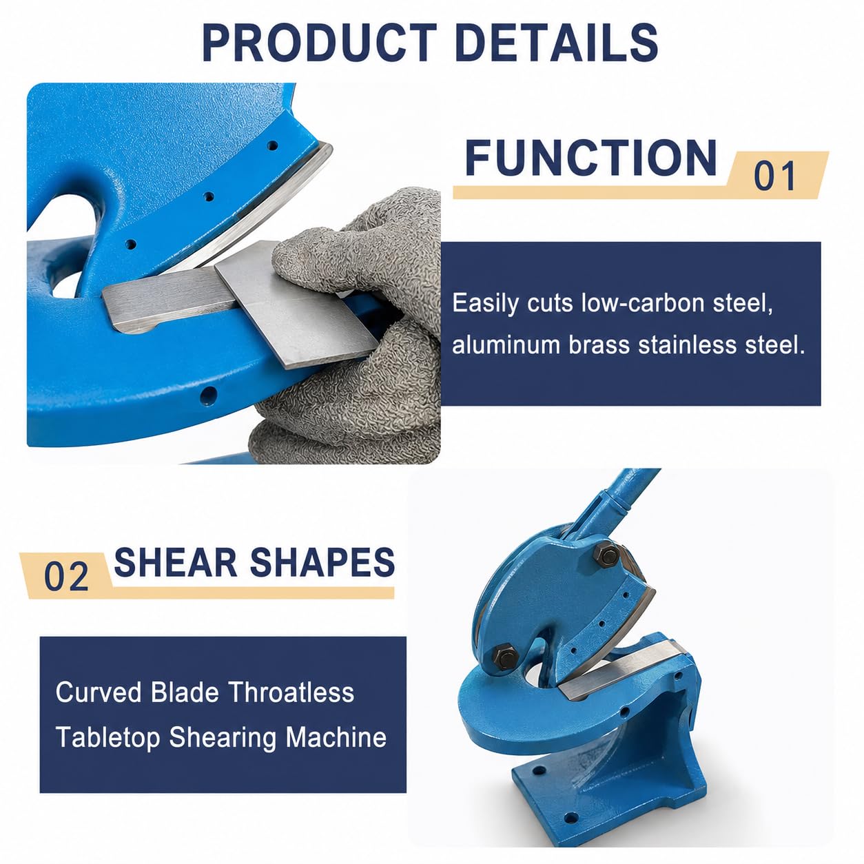 Ciseaux manuels à tôle sans gorge, largeur de coupe de 70 mm | Coupe jusqu'à 2 mm d'acier doux ou aluminium de 3 mm ; long manche et support d'entraînement à engrenages droits, incurvés et détaillés.