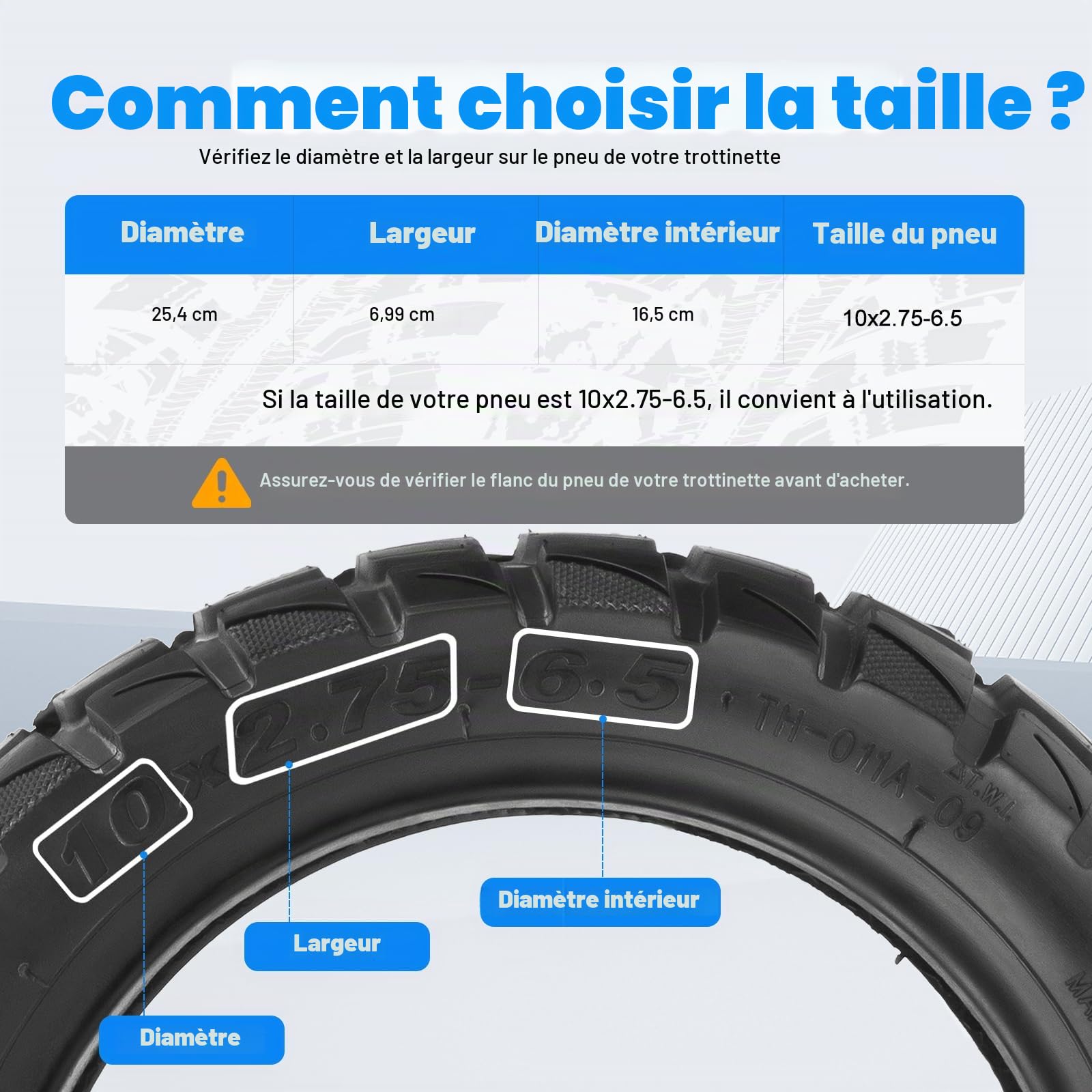 Pneu 10x2.75-6.5 Tubeless Offroad pour Kukirin G2 Master Trotinette, Pneu Tubeless 10x2.75-6.5 avec Gel Auto Réparer, 10 Pouces Pneu Sans Chambre a Air avec Valve, Anti-Usure & Dérapant, 1PCS