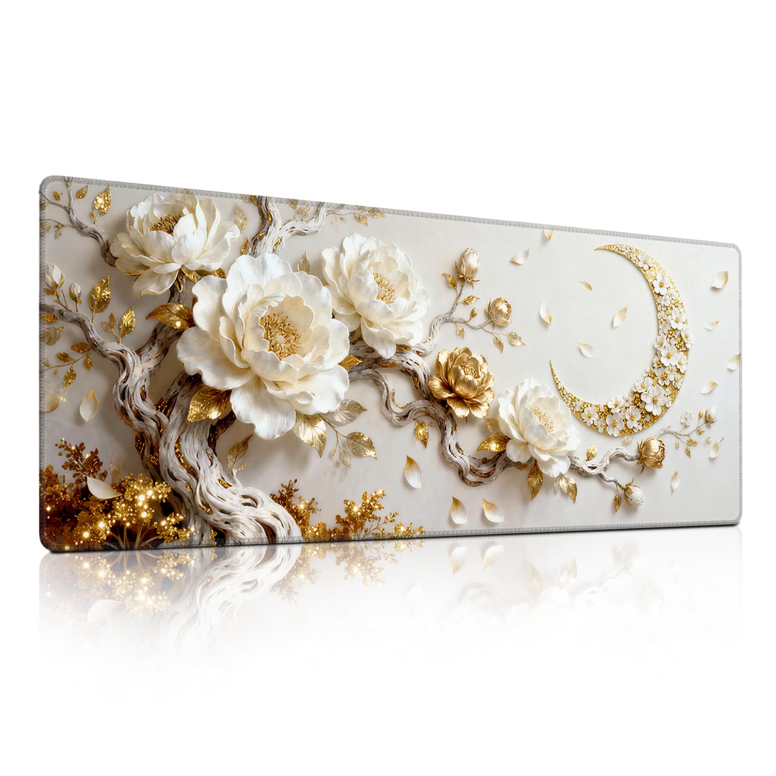 White Peony Gold Moon Mouse Pad, Elegant Floral Branch Desk Mat - Large Mousepad Non-Slip Decor for Office, PC &amp; Laptop - 31.5"x11.8" x 3mm
