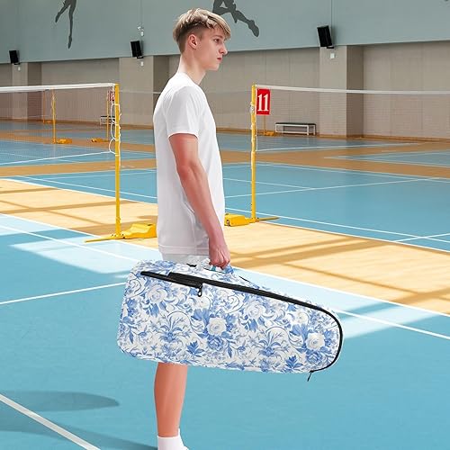 Miniatura 8 de Mujeres Hombres Bolsa de Tenis Resistente al Agua Vintage Azul Blanco Rosas 3 Raquetas Bádminton Bolso de Hombro para Mujeres Hombres de Tenis con