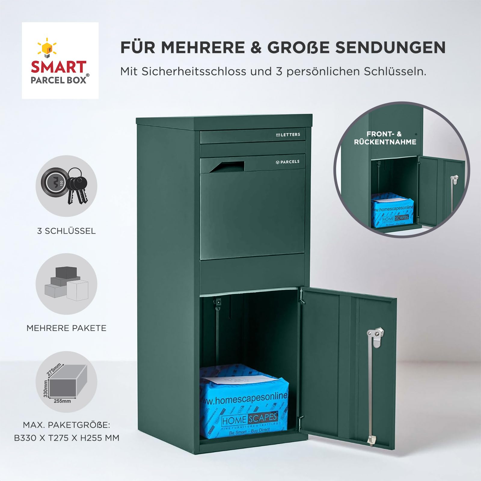Smart Parcel Box Paketbox L - Briefkasten mit Paketfach wetterfest, grün | Paketbriefkasten, Paketbox draußen, Entnahme hinten & vorne, Standbriefkasten, rostfrei, verzinkter Stahl, pulverbeschichtet