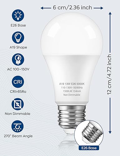 Miniatura 5 de Nouscan Bombillas LED equivalentes a 100 W, luz blanca diurna 5000K, bombilla LED A19 de 13 W, 1500 lúmenes, base media estándar E26, ahorro de