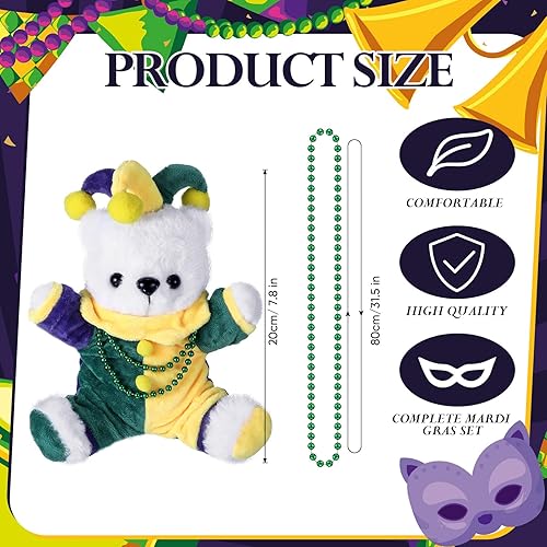 Miniatura 2 de RoundFunny Bufón de oso de Mardi Gras con collar verde, animal de peluche pequeño, juguete suave de peluche de 7.8 pulgadas, premios de carnaval,