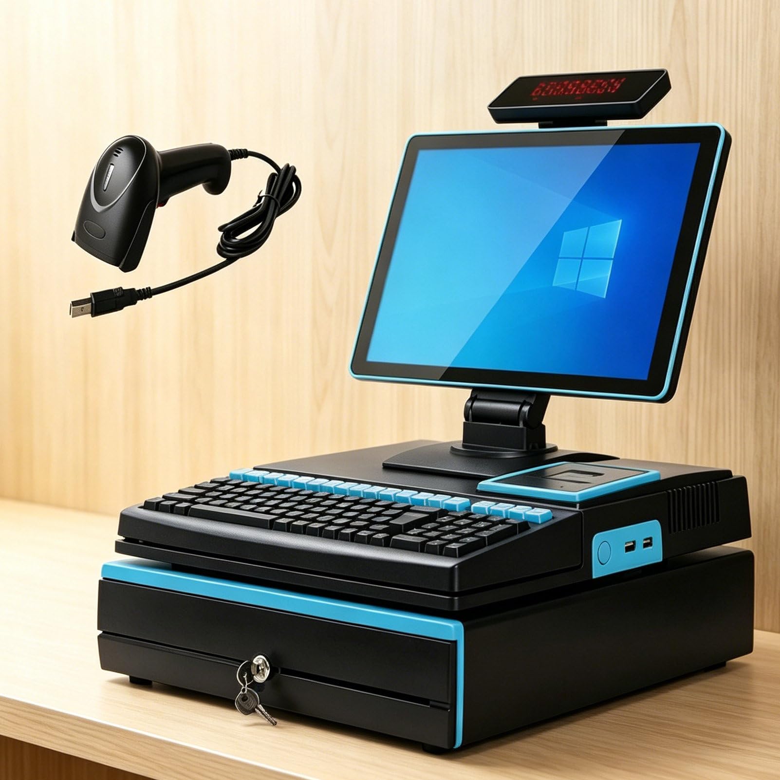 Pvxa All-in-one Cash Register for Restaurants & Retail, Point Of Sale 15.6" Touch Screen Cash Register, Single/Dual Screen, Barcode Scanner, Printer, Cash Drawer SingleScreen-Blue