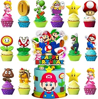 25Pcs Mario Cake Decorations with 24pcs Cupcake Toppers, 1pcs Big Cake T...