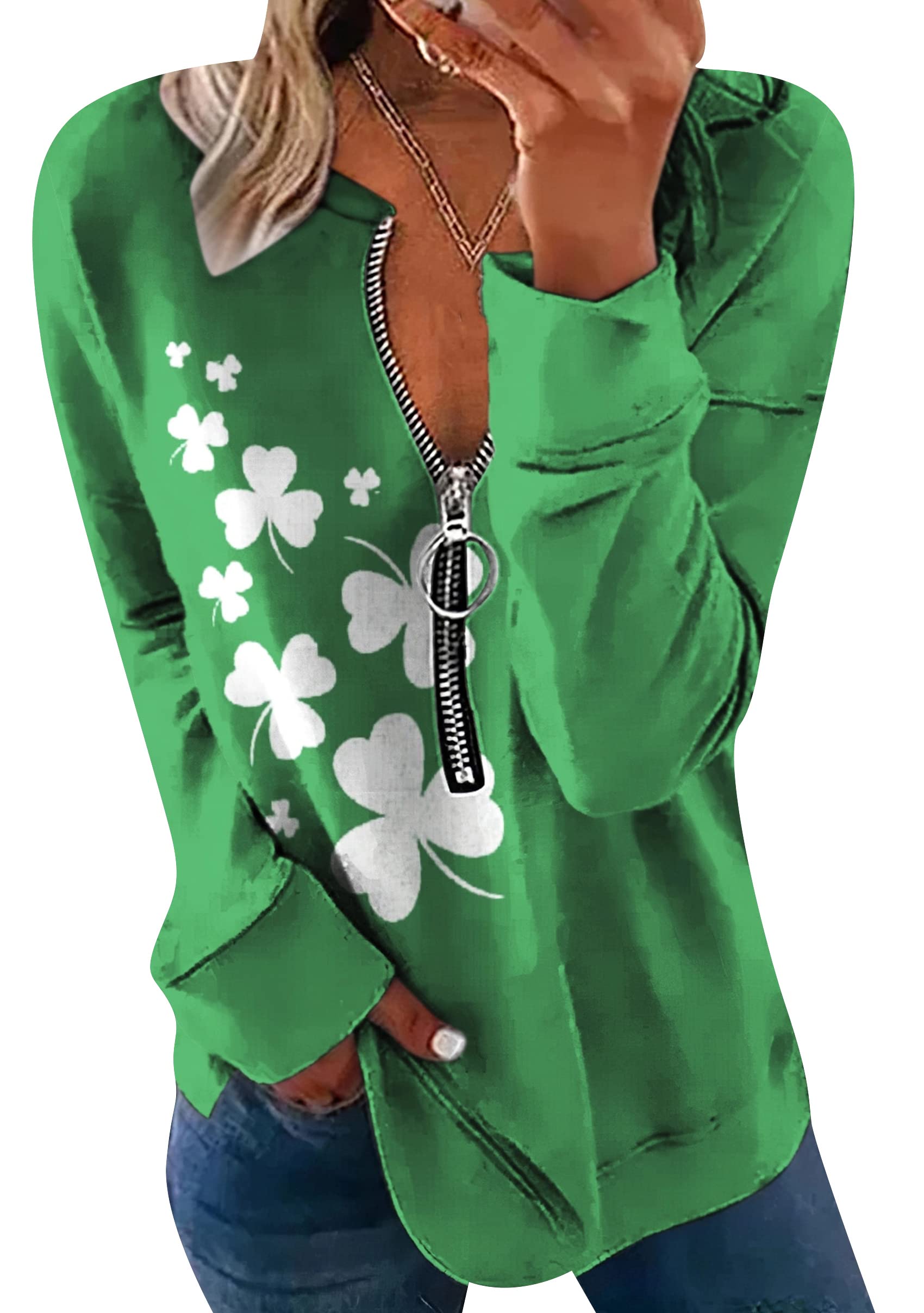 YMING Ladies St. Patricks Day Clover Shirt Long Sleeve Half Zip Sweatshirt Irish Shamrock Print Pullover Tops
