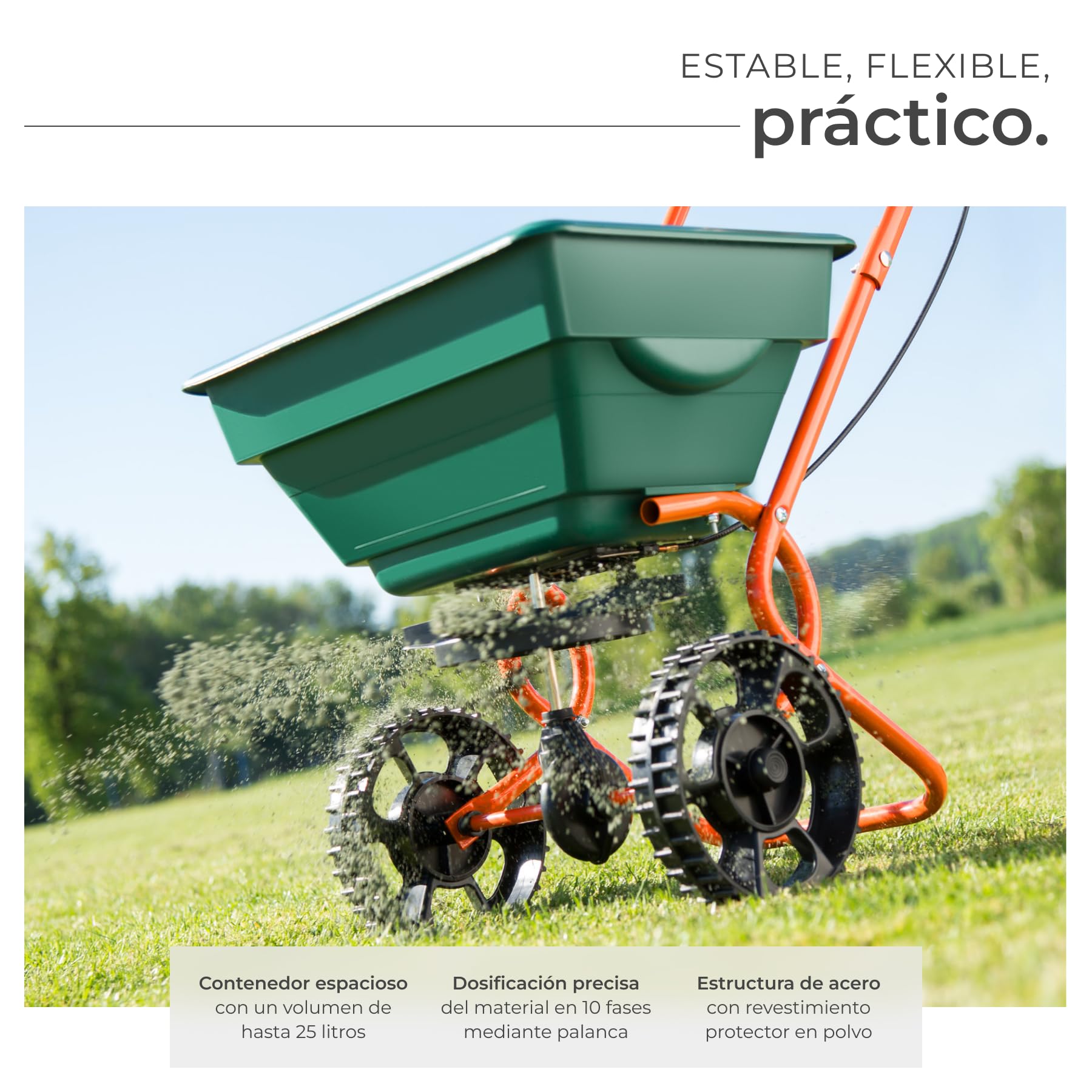 tectake® Esparcidor de Abono, Semillas, Fertilizante, Sal y Arena para Jardín, con Ruedas Grandes, Kit Jardineria y Carretilla Plegable, Volumen de 25 L - 75 x 46 x 105 cm