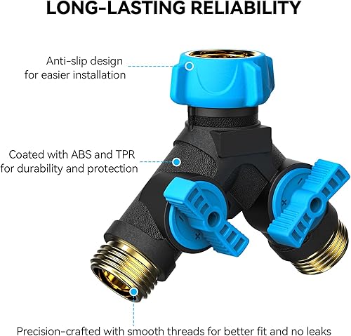 Miniatura 3 de Divisor de manguera de 2 vías resistente, divisor de manguera de jardín con válvulas de cierre duales, conector de manguera de agua de 34 pulgadas,