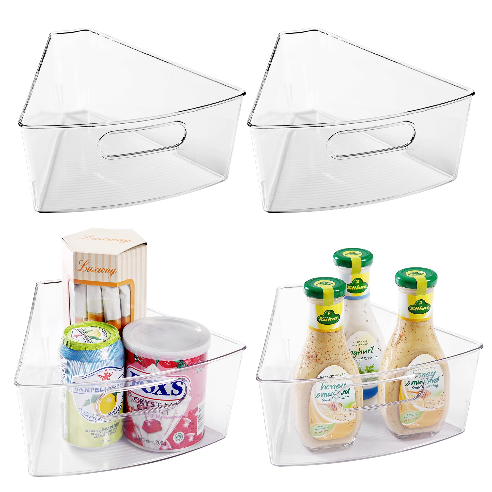 Oubonun Lazy Susan Organizers Set of 4, 10.2x 9.4x 4Inches, Plastic Transparent Kitchen Cabinet Storage Bins with Handle, 4Inch Deep Container, 1/8 Wedge - Food Safe, without BPA