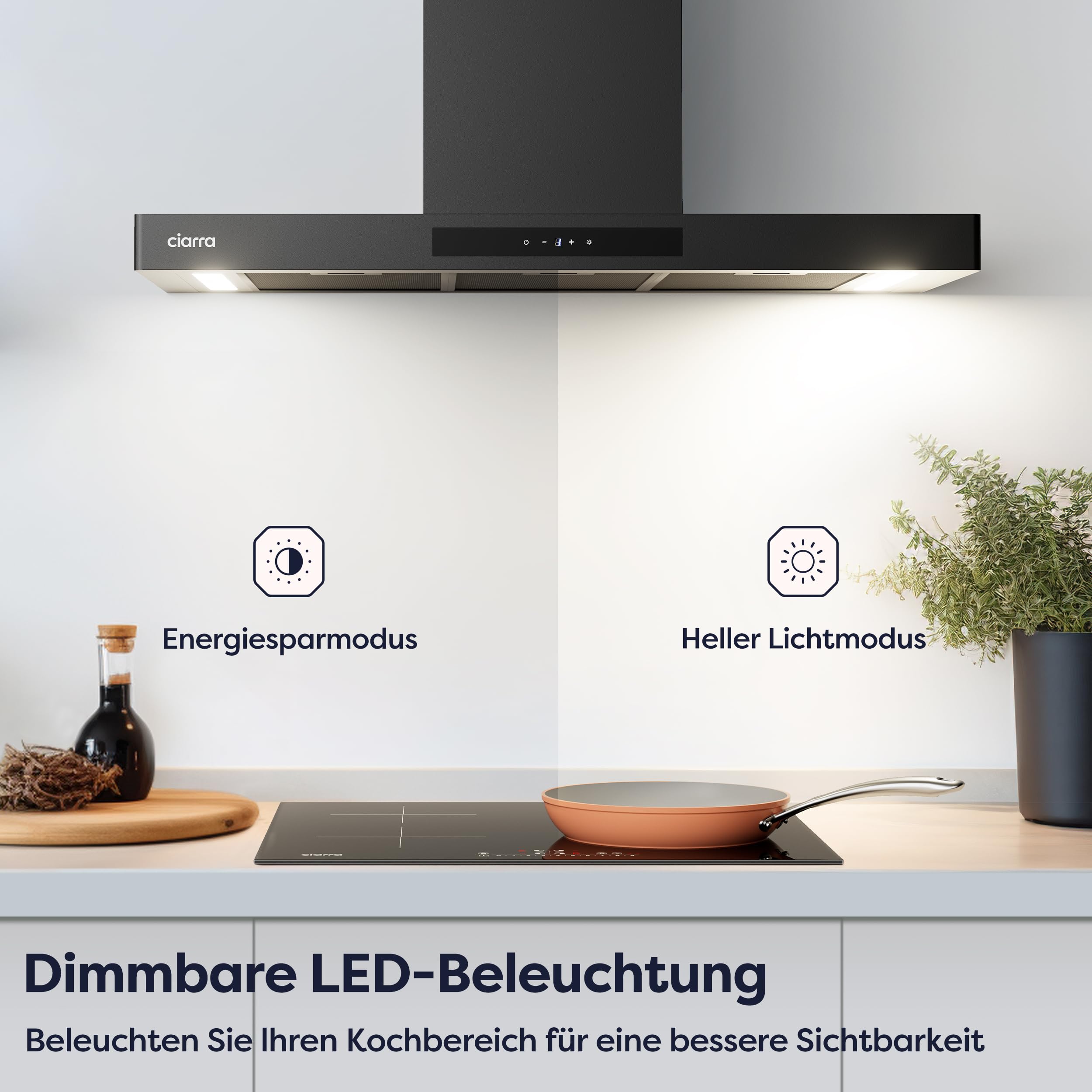 CIARRA CBCB9102-P A+++ Dunstabzugshaube 90 cm 650 cbm/h leise ab 44 bis 59 dB Umluft Abluft Wandhaube Wi-Fi App Touch-Bedienung 4 Stufen Booster schwarzes Glas für stilvolle Küchen CBCF004 Kohlefilter