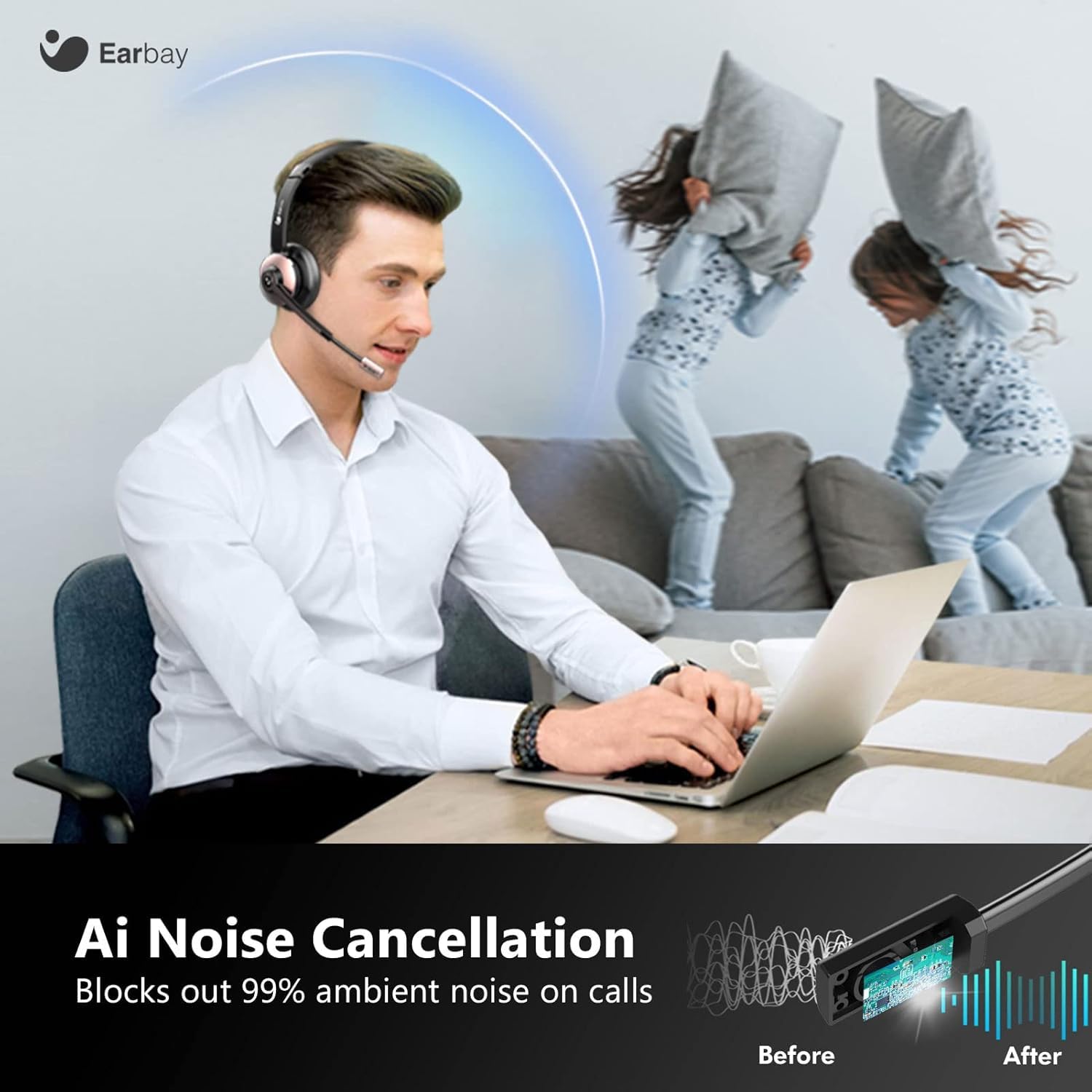 Earbay Kabelloses Headset, Bluetooth-Headset mit Mikrofon und Rauschunterdrückung & USB-Dongle, Kabellose mit Mikrofon Stummschaltung & Ladestation für Computer/Handy/Meeting/Call Center/Büro