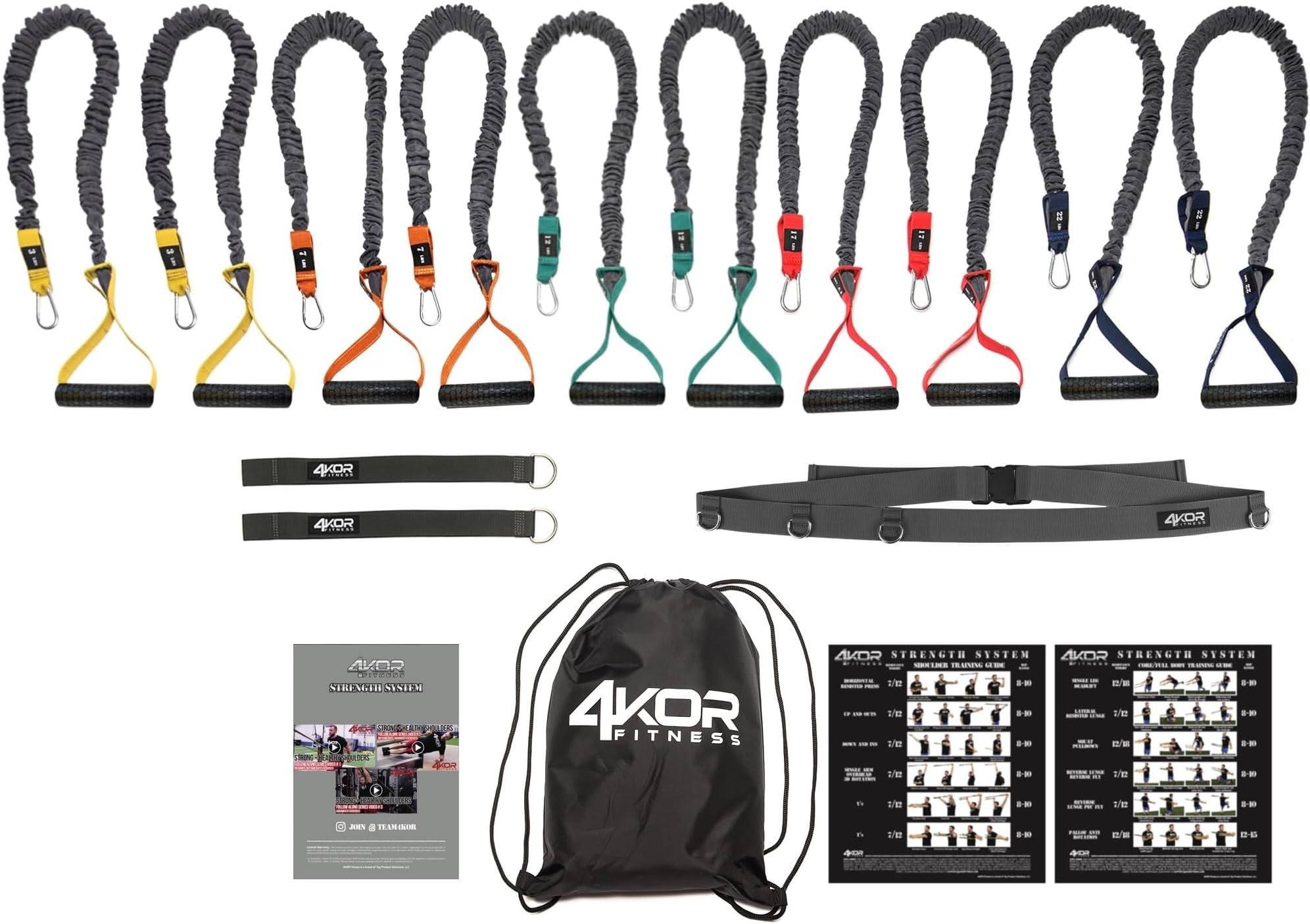 4KOR Cross Anchor Shoulder Performance Training System. Resistance Cords with Handles and Dynamic Workout Guide. Exercise Bands with Nylon Sleeves, Rubber Grips, and Carry Bag for Rehab and Strength