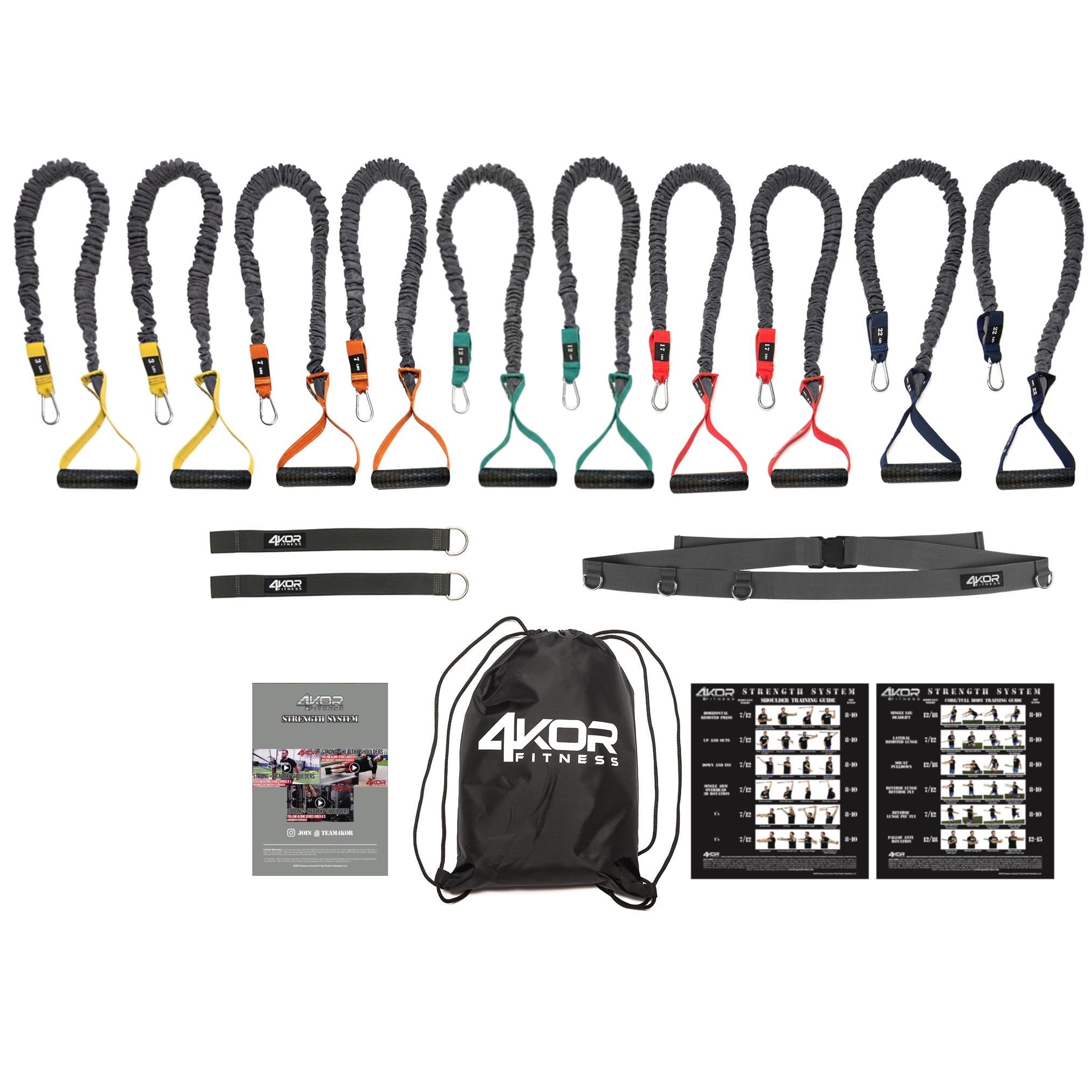 4KOR Cross Anchor Shoulder Performance Training System Resistance Cords with Handles and Dynamic Workout Guide Exercise Bands with