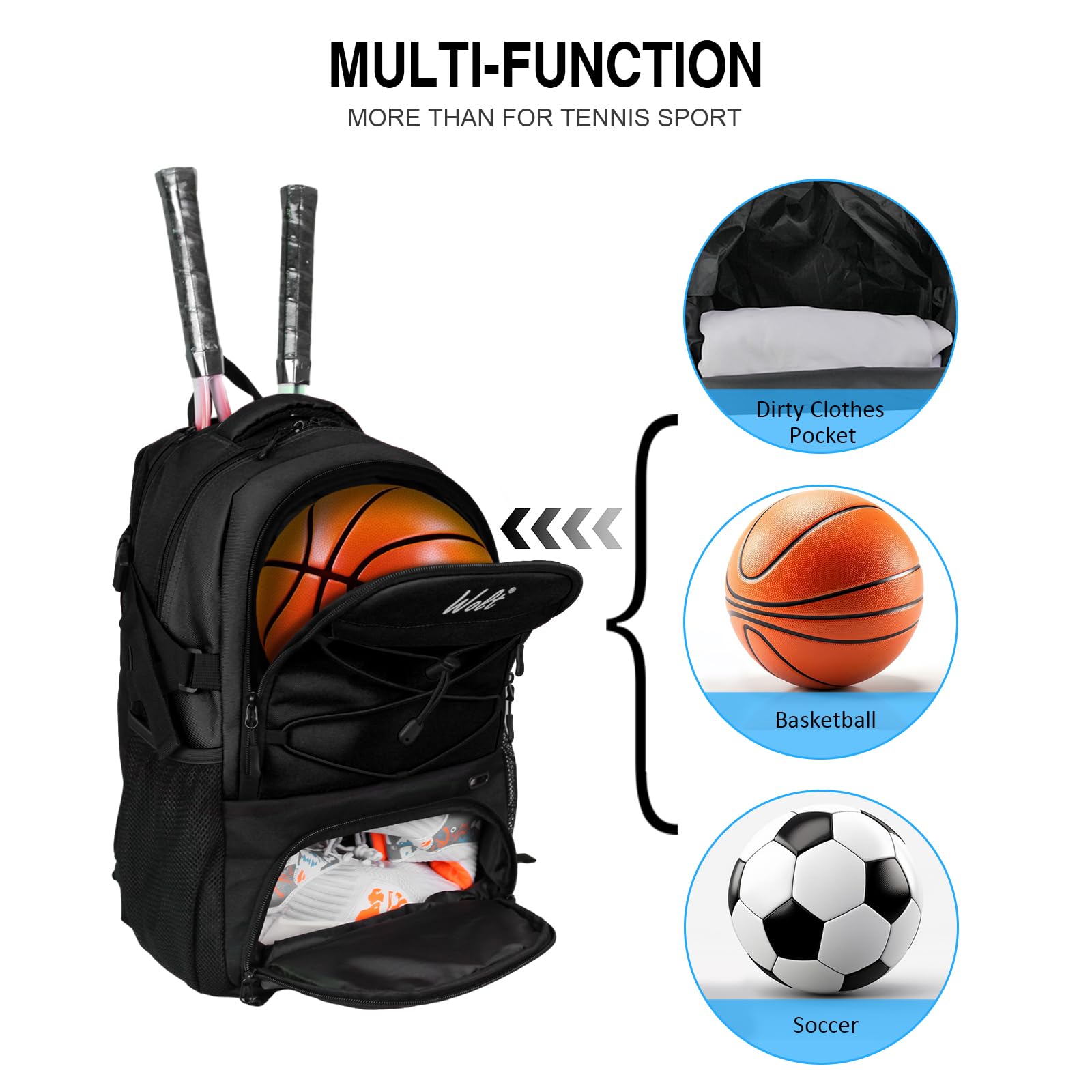 WOLT Tennis Bag Large Tennis Racket Backpack for Women Men Holds 2 Racquets with Shoe Compartment Fits Badminton Pickleball Squash Racket - Image 2