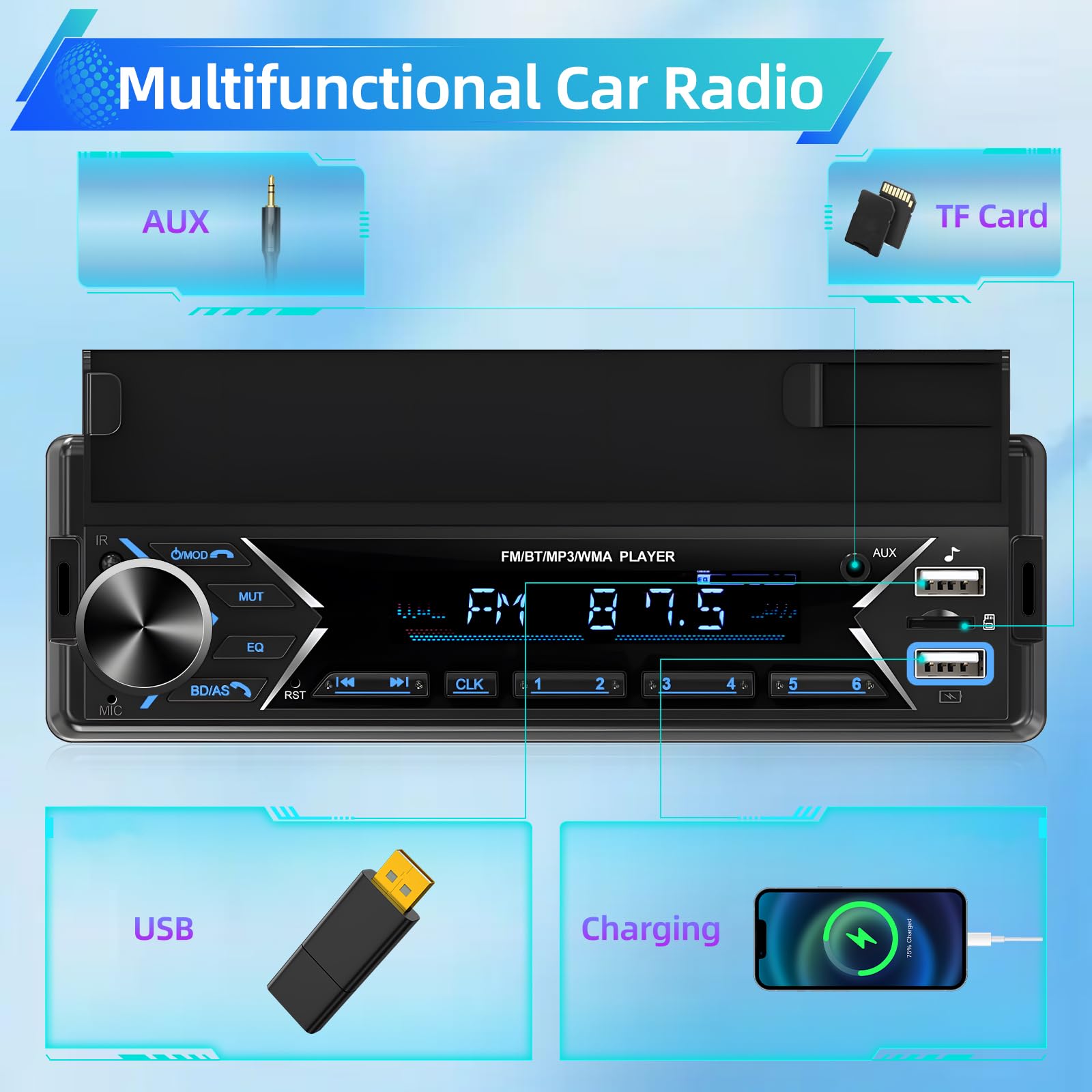 NHOPEEW Autoradio 1 Din con Bluetooth - Lettore MP3 Supporto per telefono - Doppia porta USB/TF Card/Radio FM/Ingresso AUX/Comando al volante/Pulsanti luminosi + microfono wireless