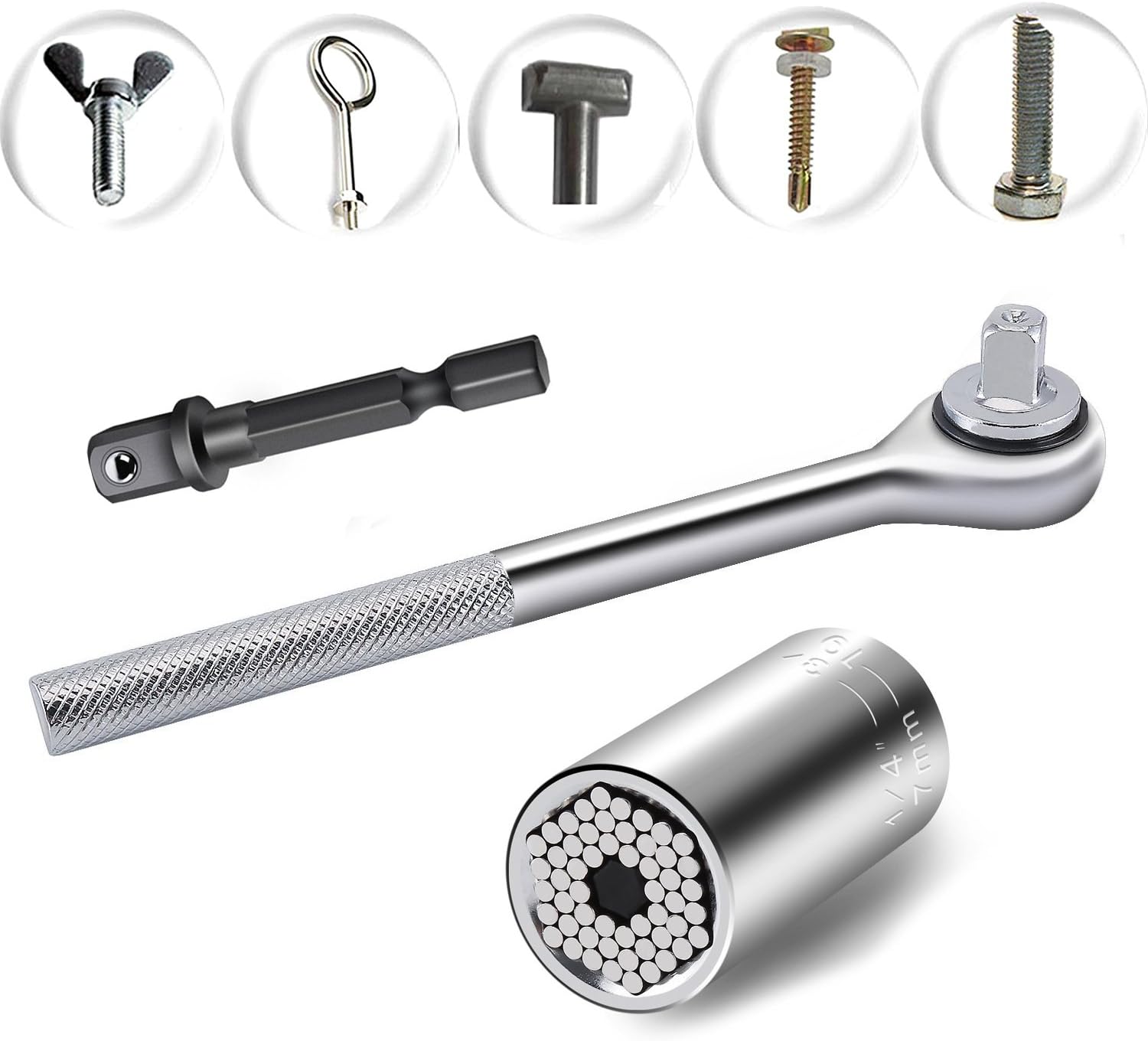 Universal Socket Multi-function 7mm-19mm Universal Sockets Metric Ratchet Wrench Power Drill Adapter Socket Professional Repair Hand Tools (Silver)