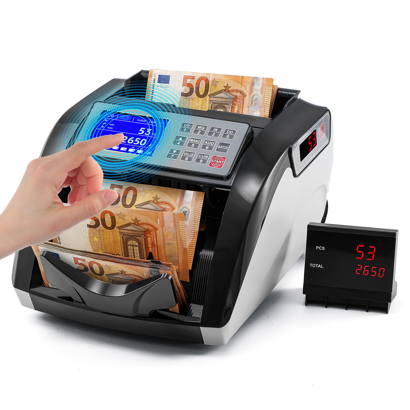 Bonvoisin Conta Banconote, Conteggio del Valore per Banconote Ordinate, Controllo Contraffazione UV/MG/IR, 1000 Pezzi/min, Macchina Conta Soldi con Touchscreen (non è Possibile Contare Importi Misti)