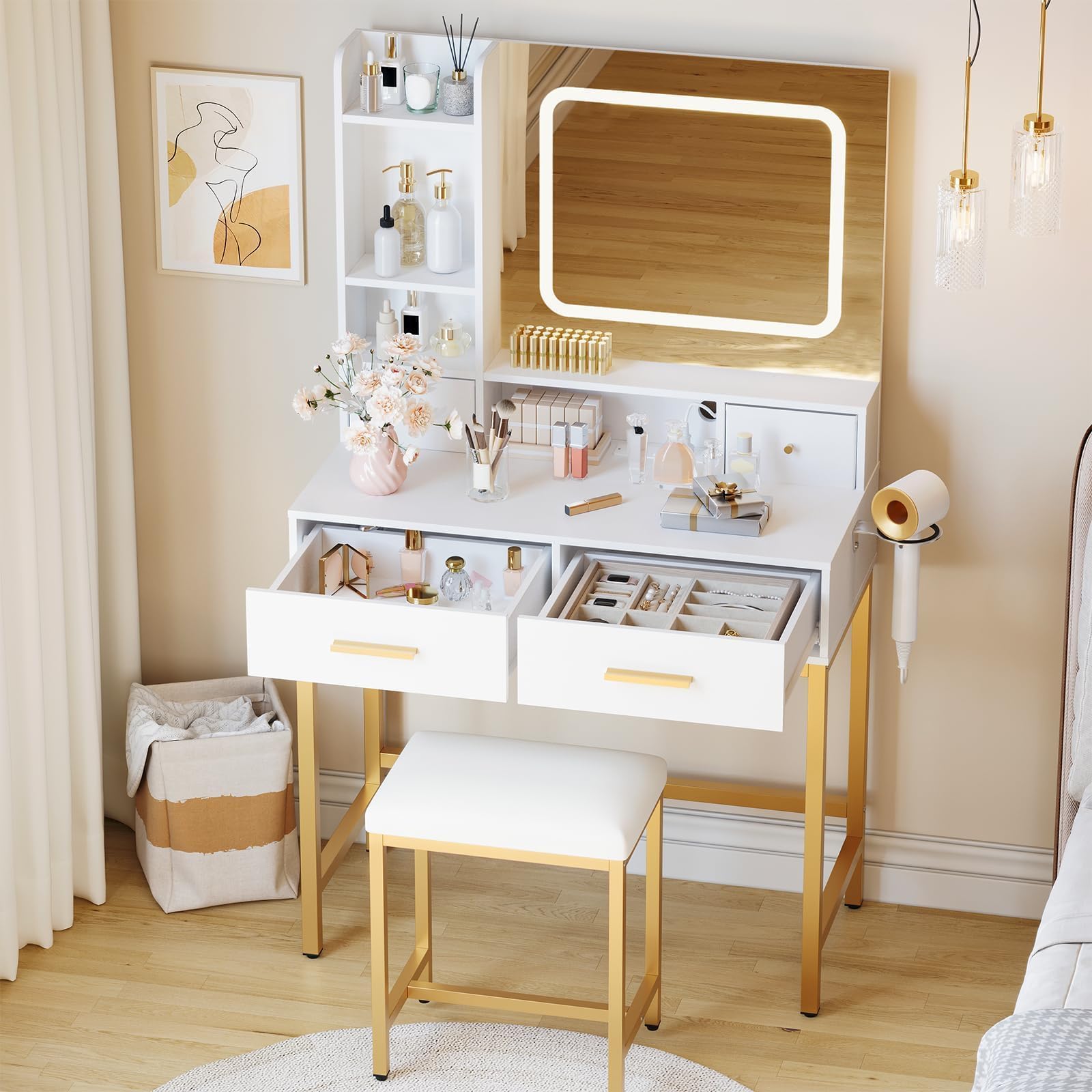 Garvee Tocador de Maquillaje LED Espejo 4 Cajones Carga USB con Taburete