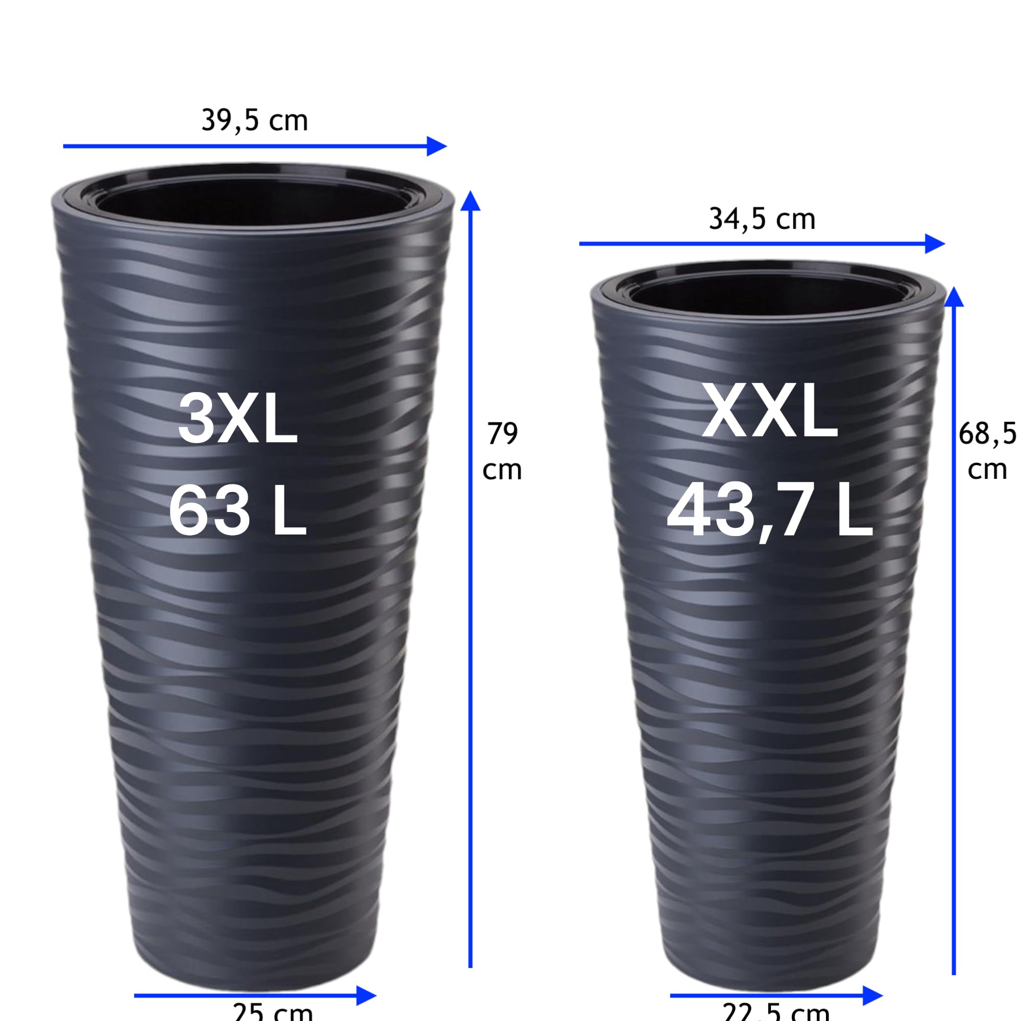 MELTOM Pot de Fleurs étroit et Rond avec Effet 3D ondulé, Insert Amovible Haut (Anthrazit, 3XL - 79 cm)