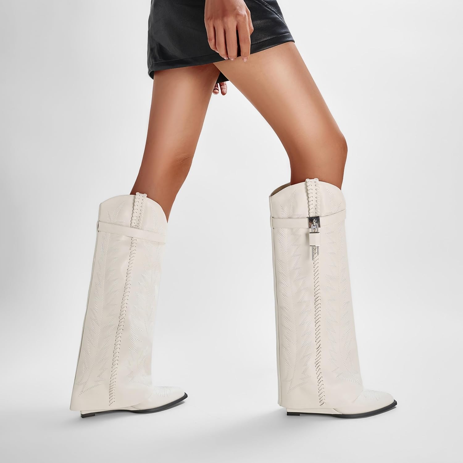 Fold Over Knee High Black Women's Boots, Embroidered Western Cowboy Denim Pointed Toe Wedge Heels, Women's Wide Calf Pull On Pant Tall Shark Boots with Padlock