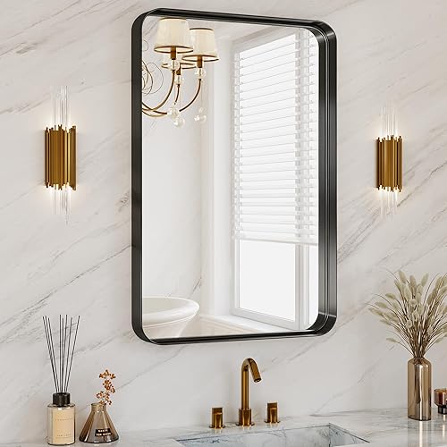 Matte Black Metal Framed Vanity Rounded Rectangle Bathroom 24X32 Inch