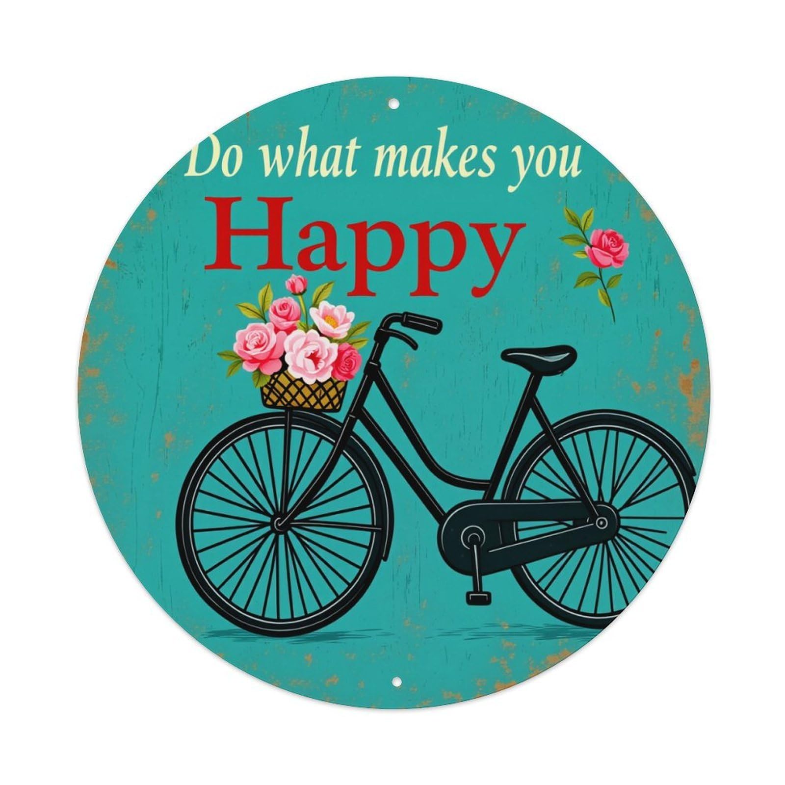 Bicycle With Flowers And Roses Round Tin Sign Vintage Metal Poster, Home Bar Garage Man Cave Cafe Indoor & Outdoor Wall Decoration 8x8Inches