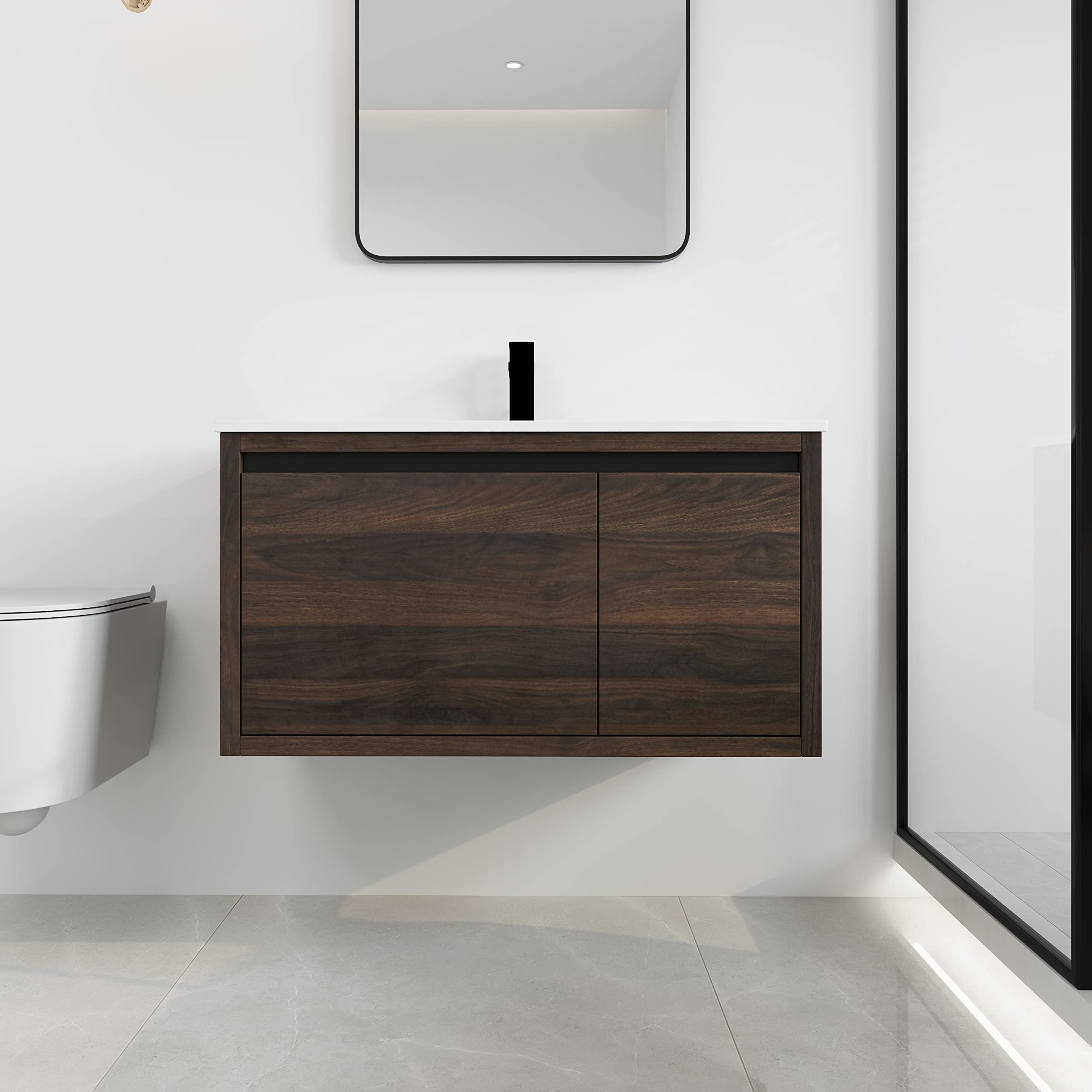 Malwee 36" Floating Bathroom Vanity with Sink, 36 Inch Single Sink Wall Mounted Bathroom Vanity, with 1 Door and 1 Drawer, White Resin Basin Sink Top