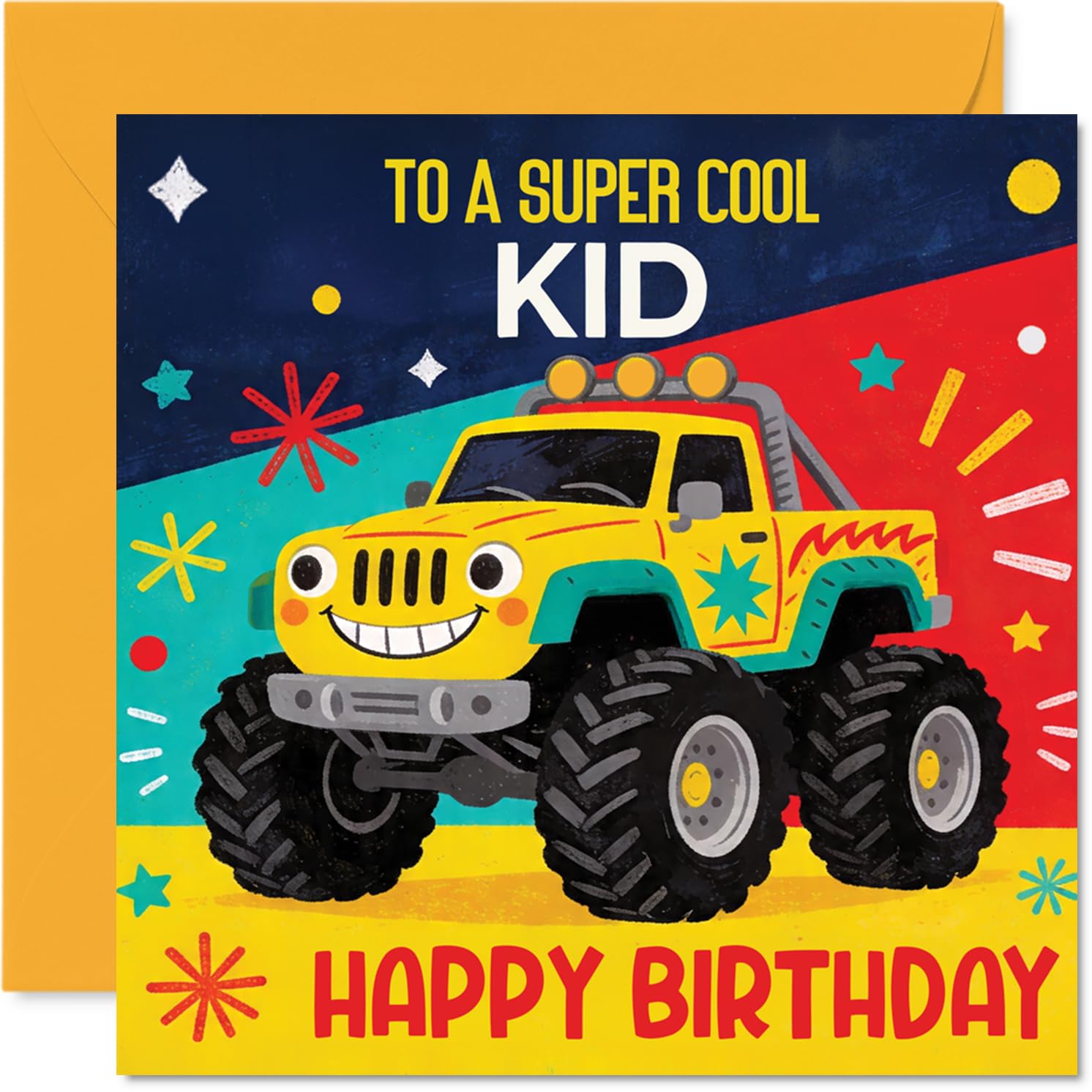 Playful Birthday Card - Big Birthday Cheers - Colourful Monster Truck and Stars Design - Bursting with Fun for Little Thrill Seekers - 145mm Square, Envelope Included