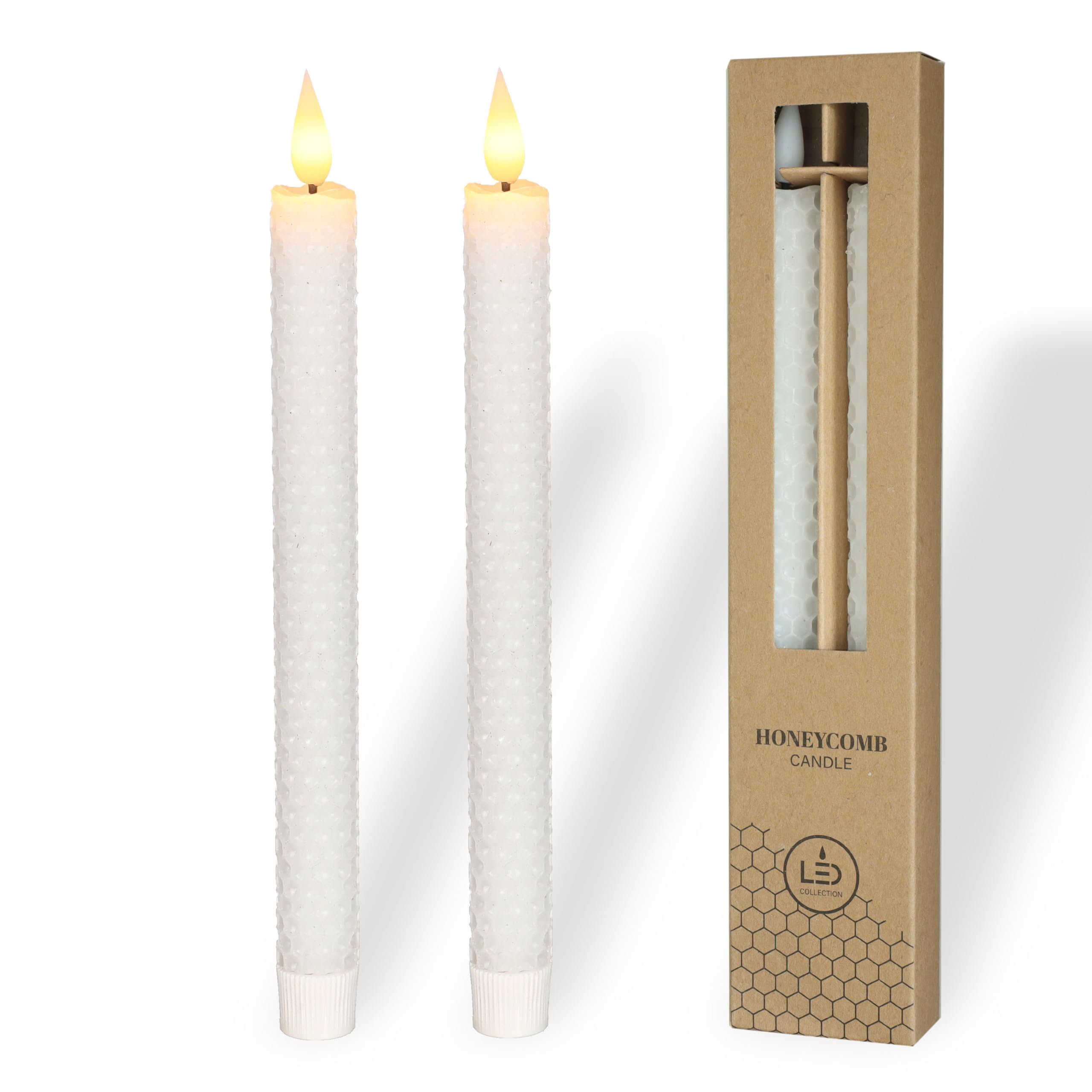 Comforder White Real Wax Led Candles With Flickering Flame (Set Of 2), Electric Taper Candles With Timer Function, Honeycomb Look. (White)